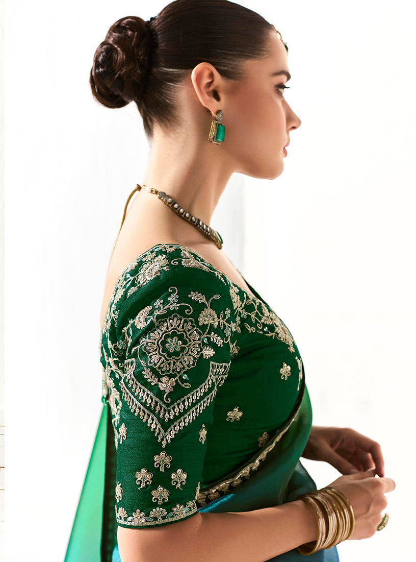 Green Tissue Silk Saree Featuring Intricate Sequins Work