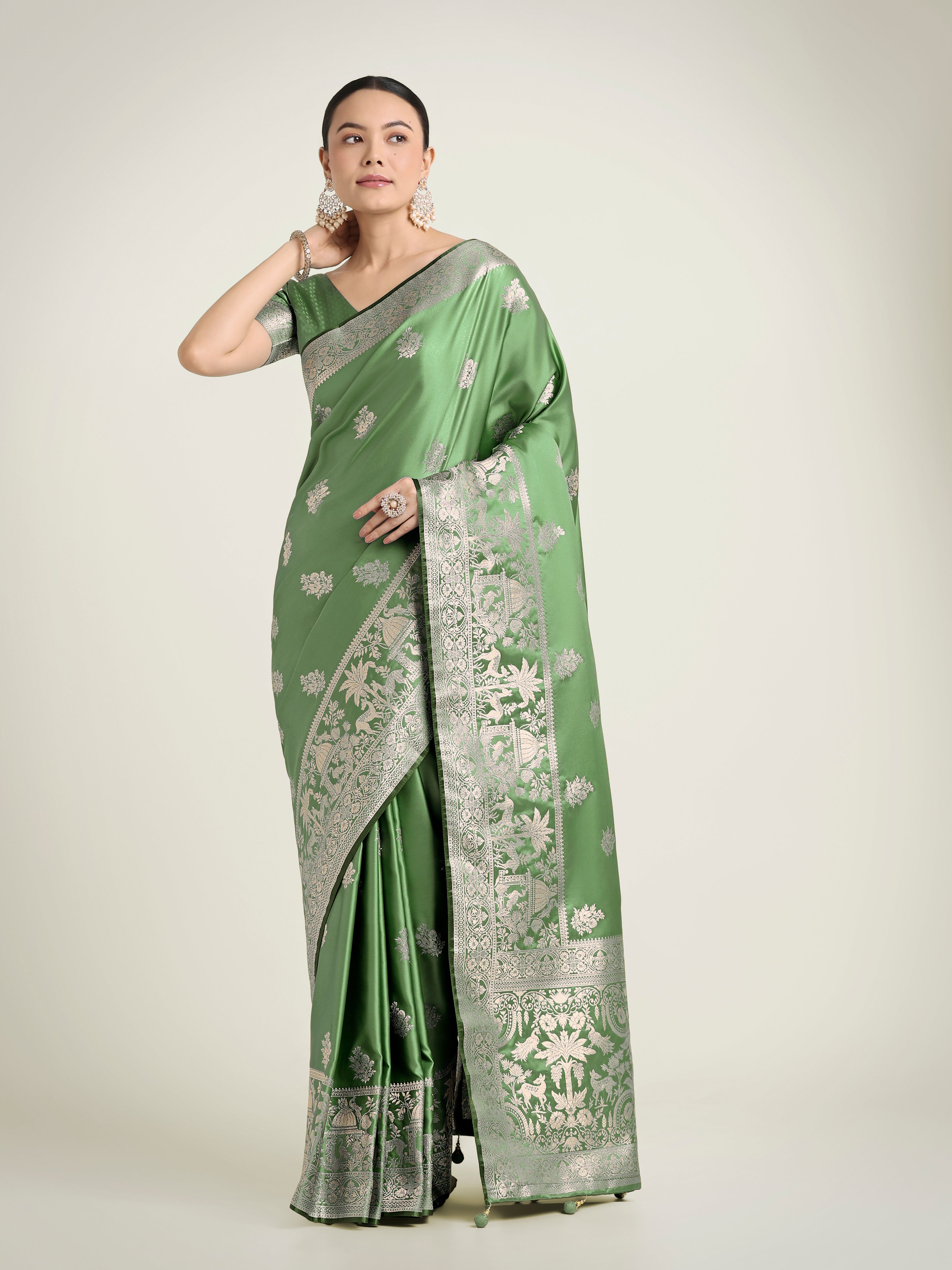 Light Green Zari Weaving Work Banarasi Satin Silk Traditional Saree