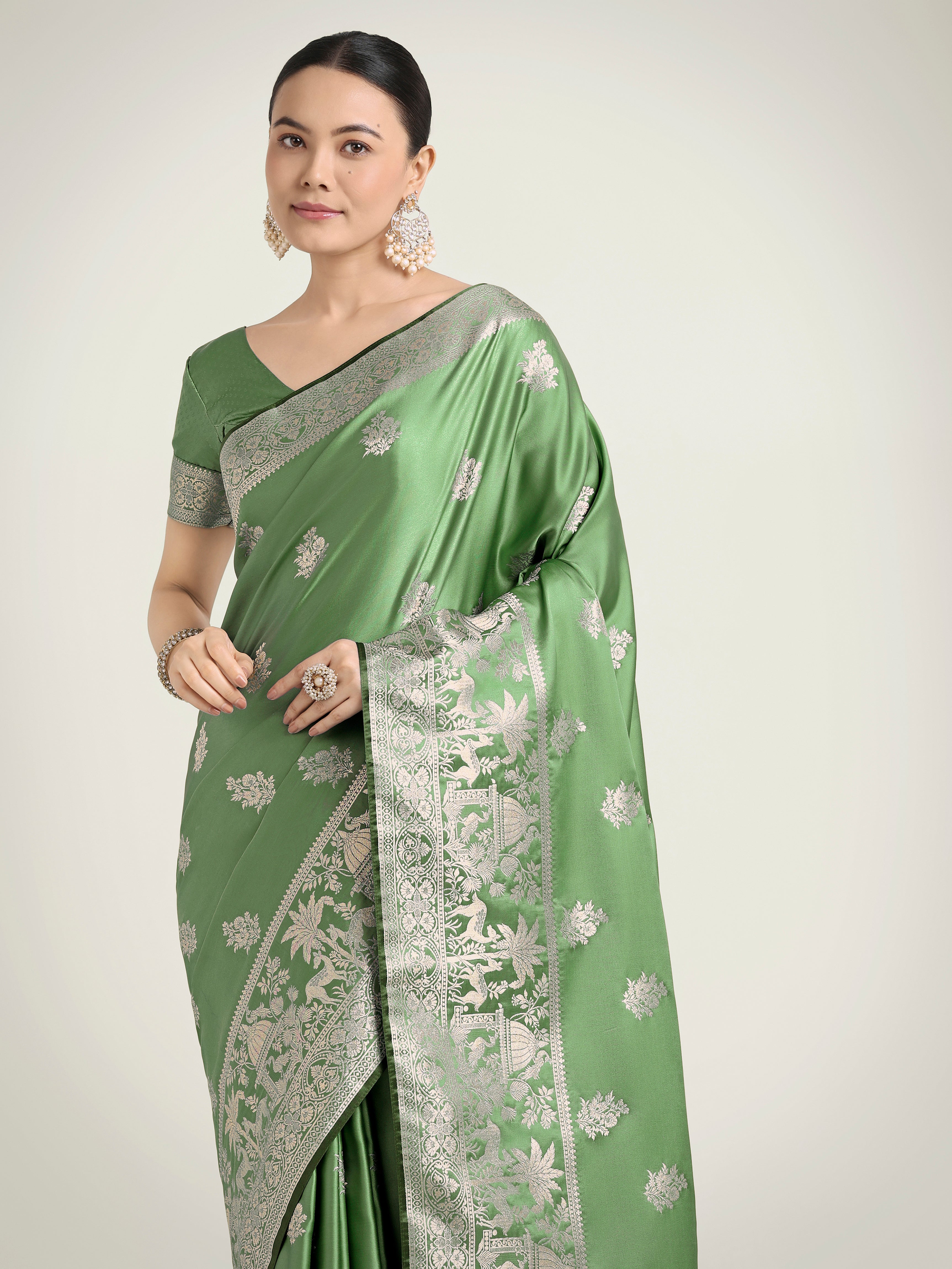 Light Green Zari Weaving Work Banarasi Satin Silk Traditional Saree