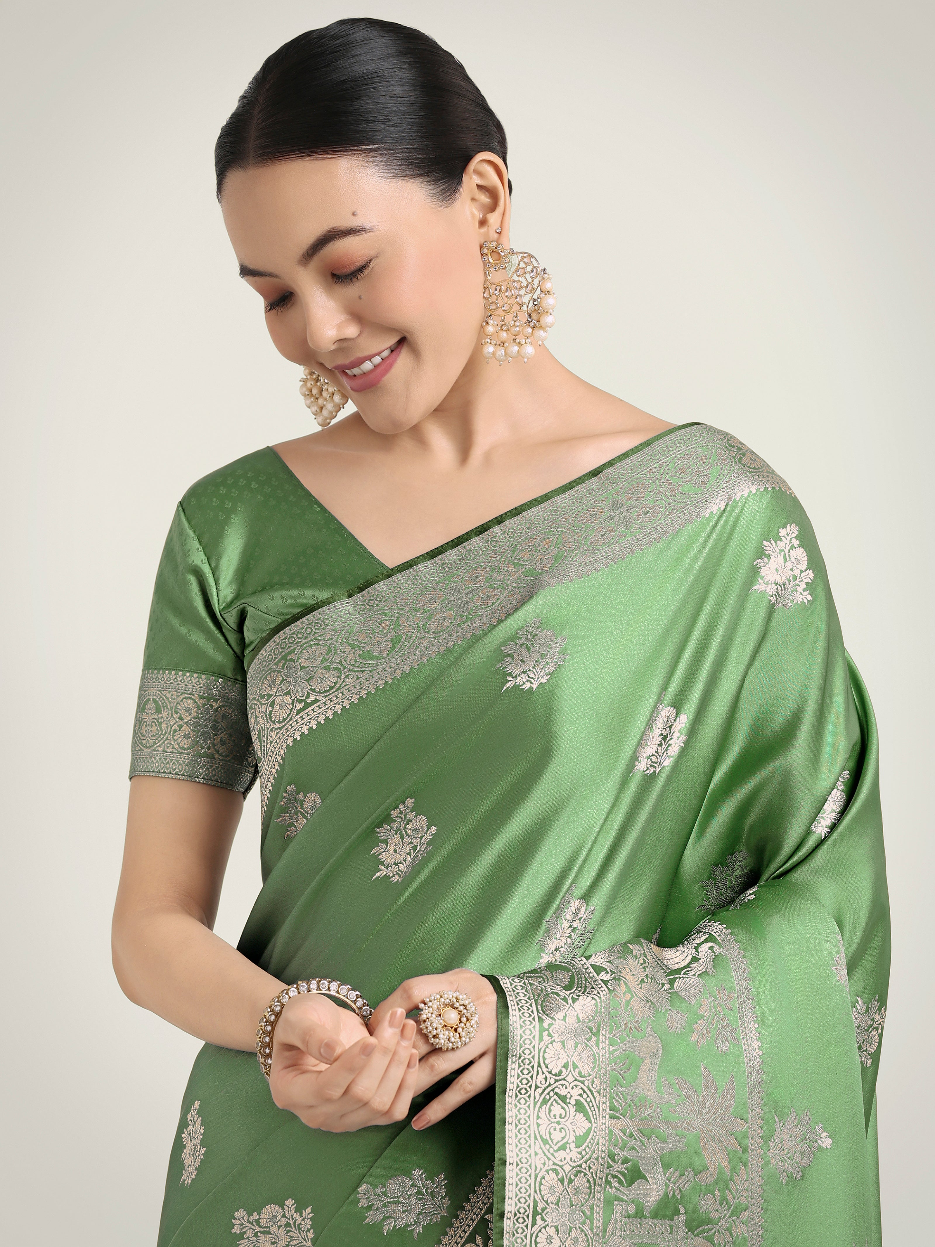 Light Green Zari Weaving Work Banarasi Satin Silk Traditional Saree