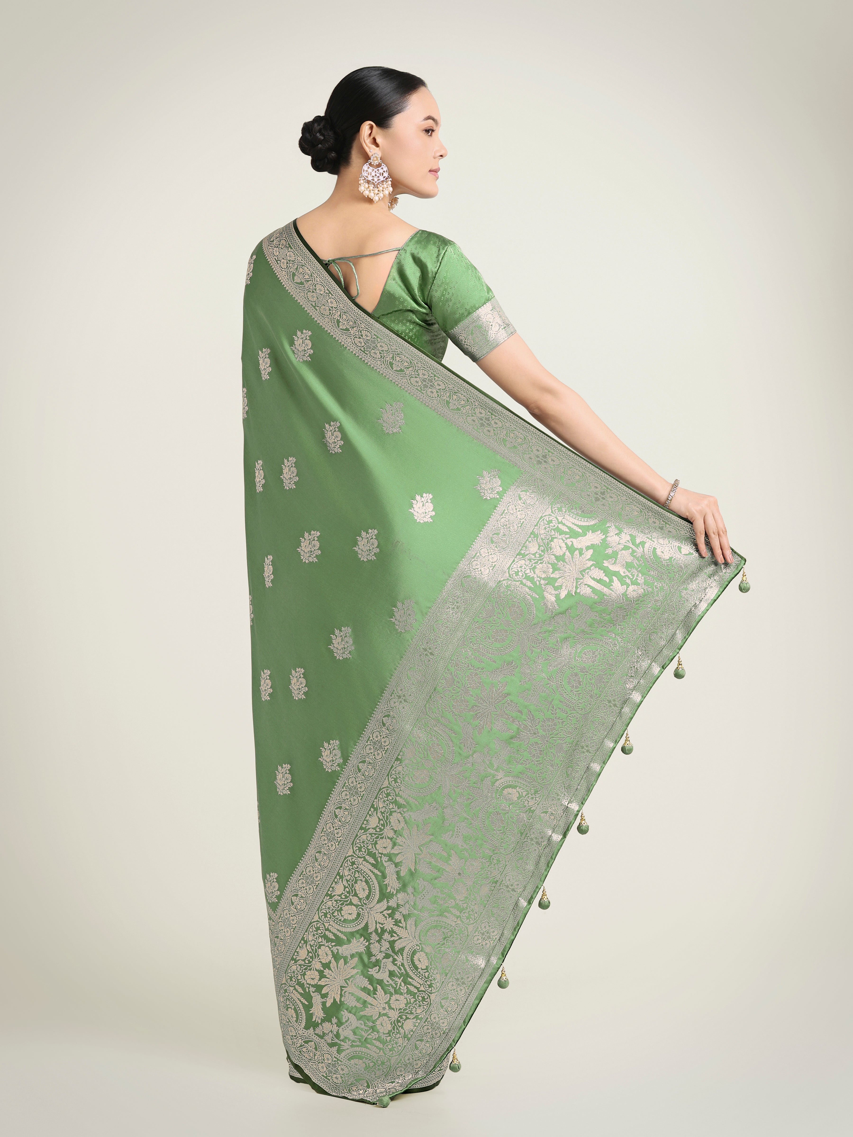 Light Green Zari Weaving Work Banarasi Satin Silk Traditional Saree