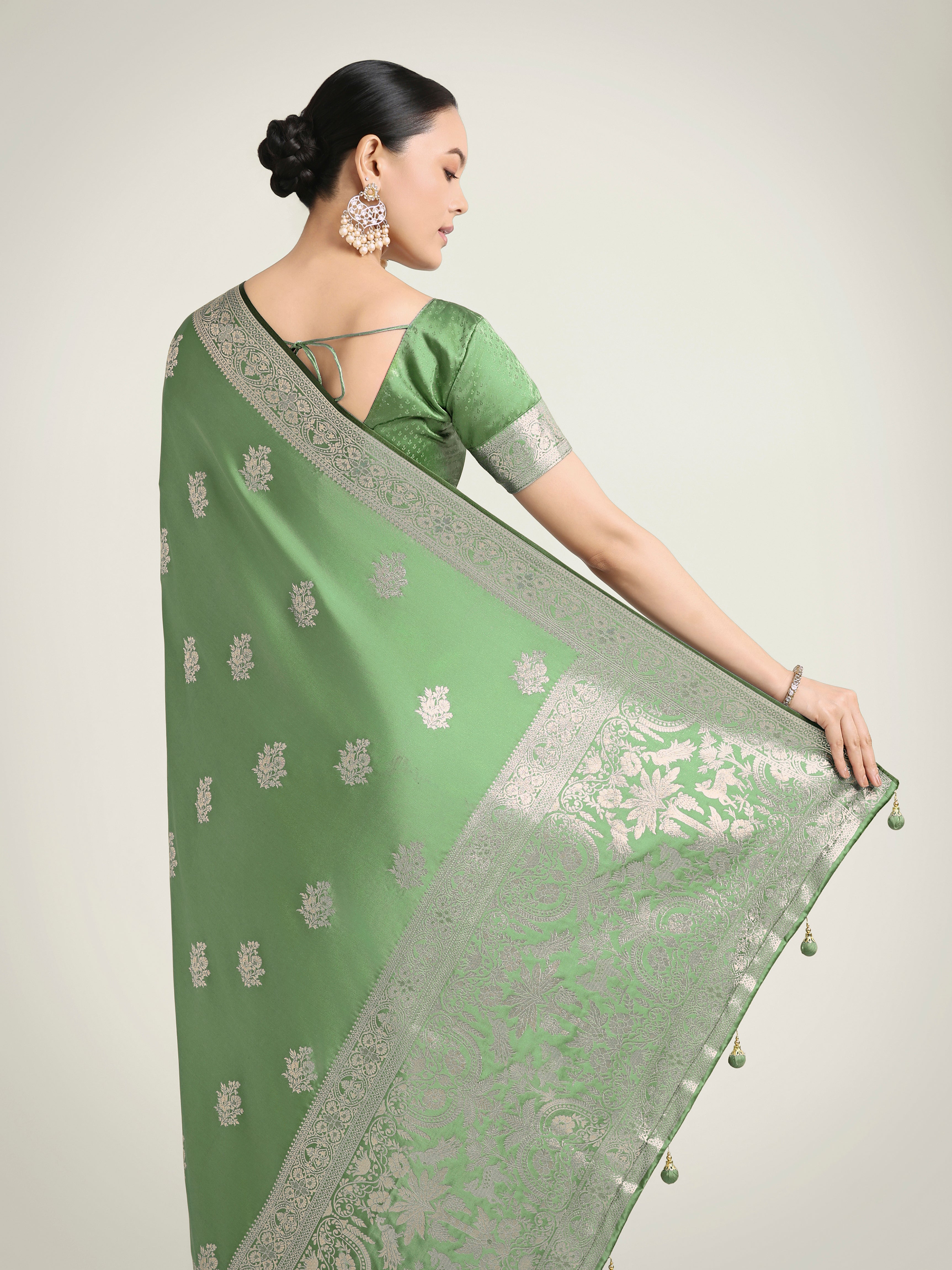 Light Green Zari Weaving Work Banarasi Satin Silk Traditional Saree