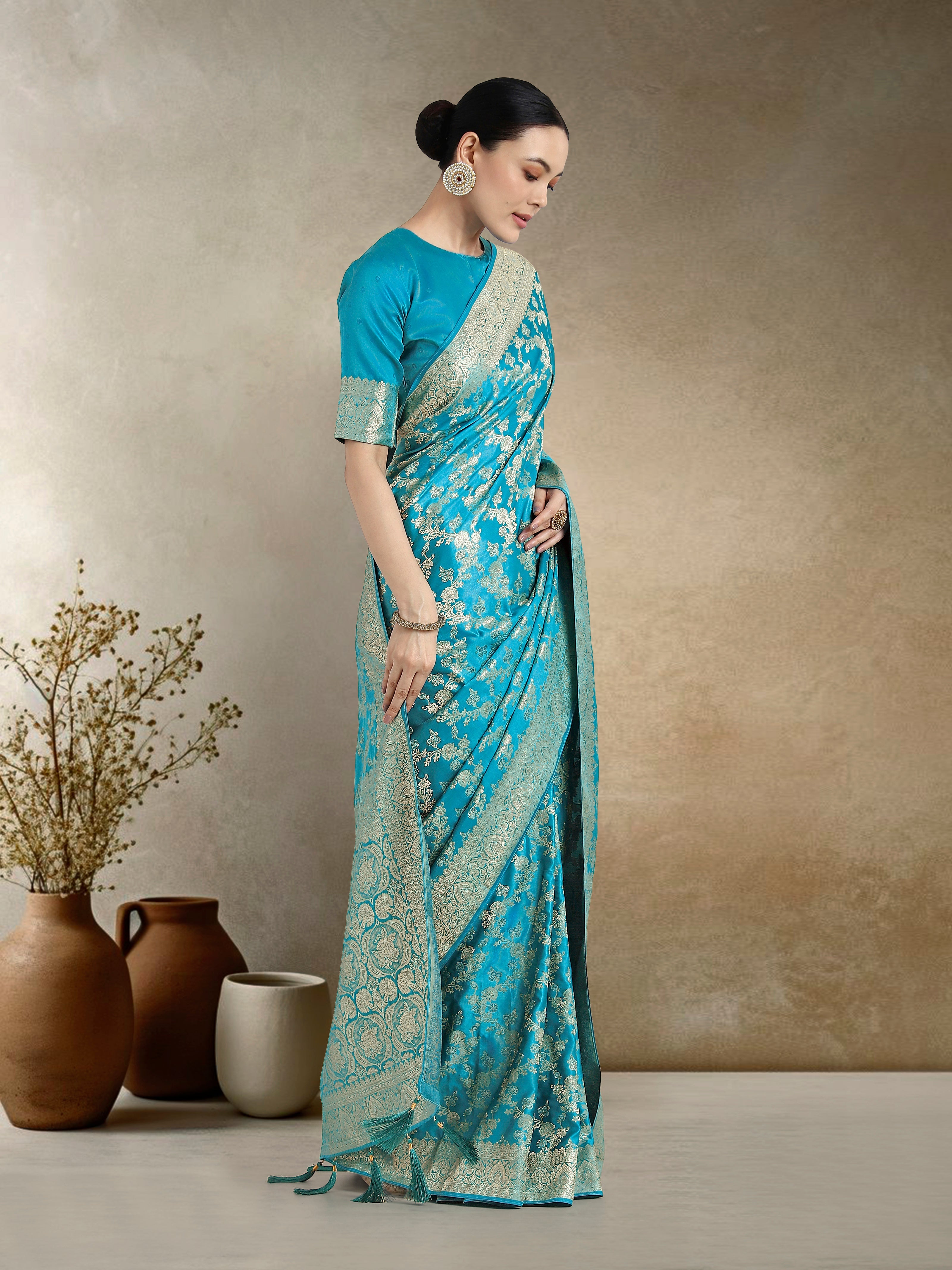 Effervescent Aqua blue Soft Banarasi Satin Silk Saree With Elision Blouse Piece