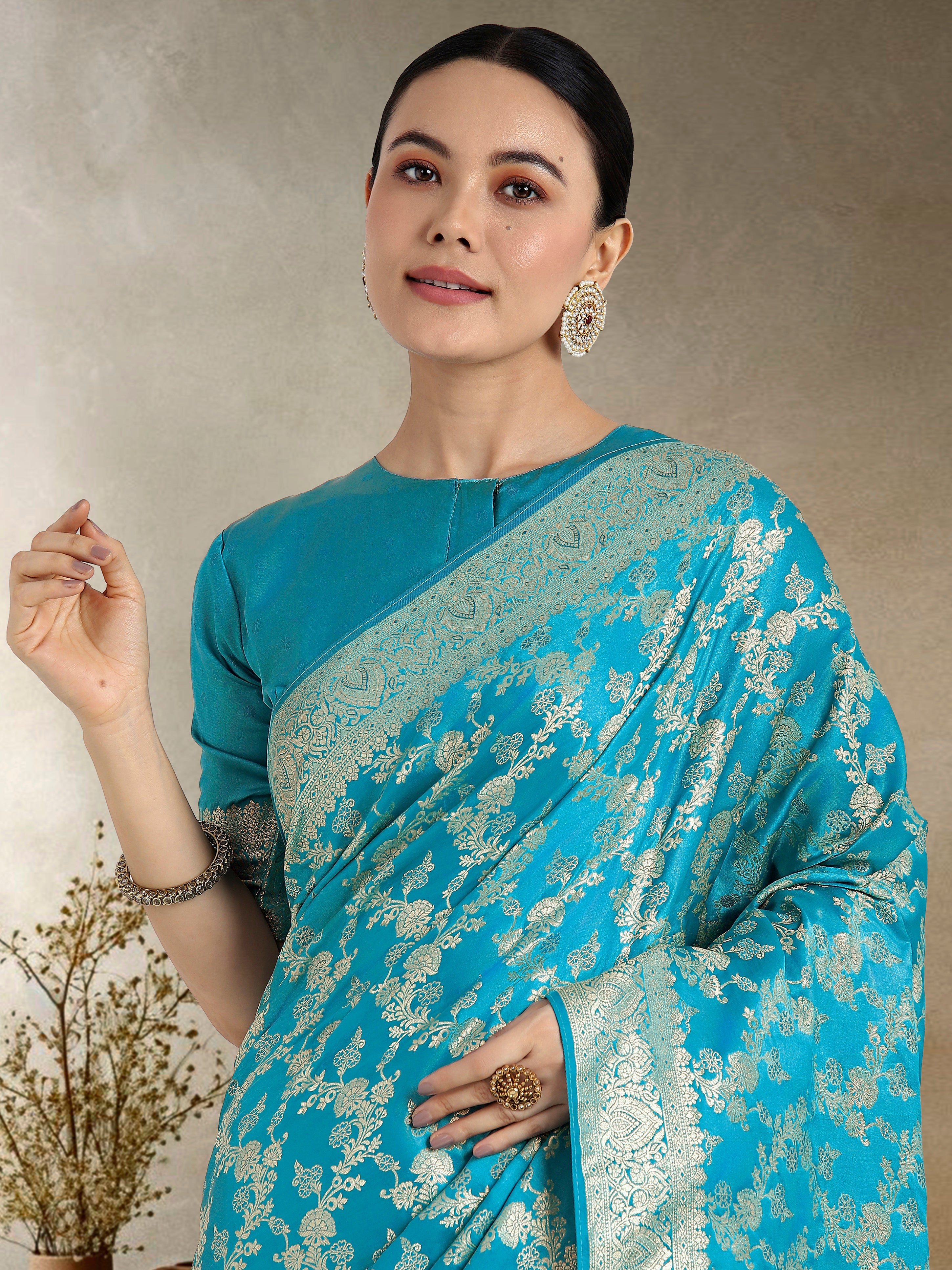 Effervescent Aqua blue Soft Banarasi Satin Silk Saree With Elision Blouse Piece