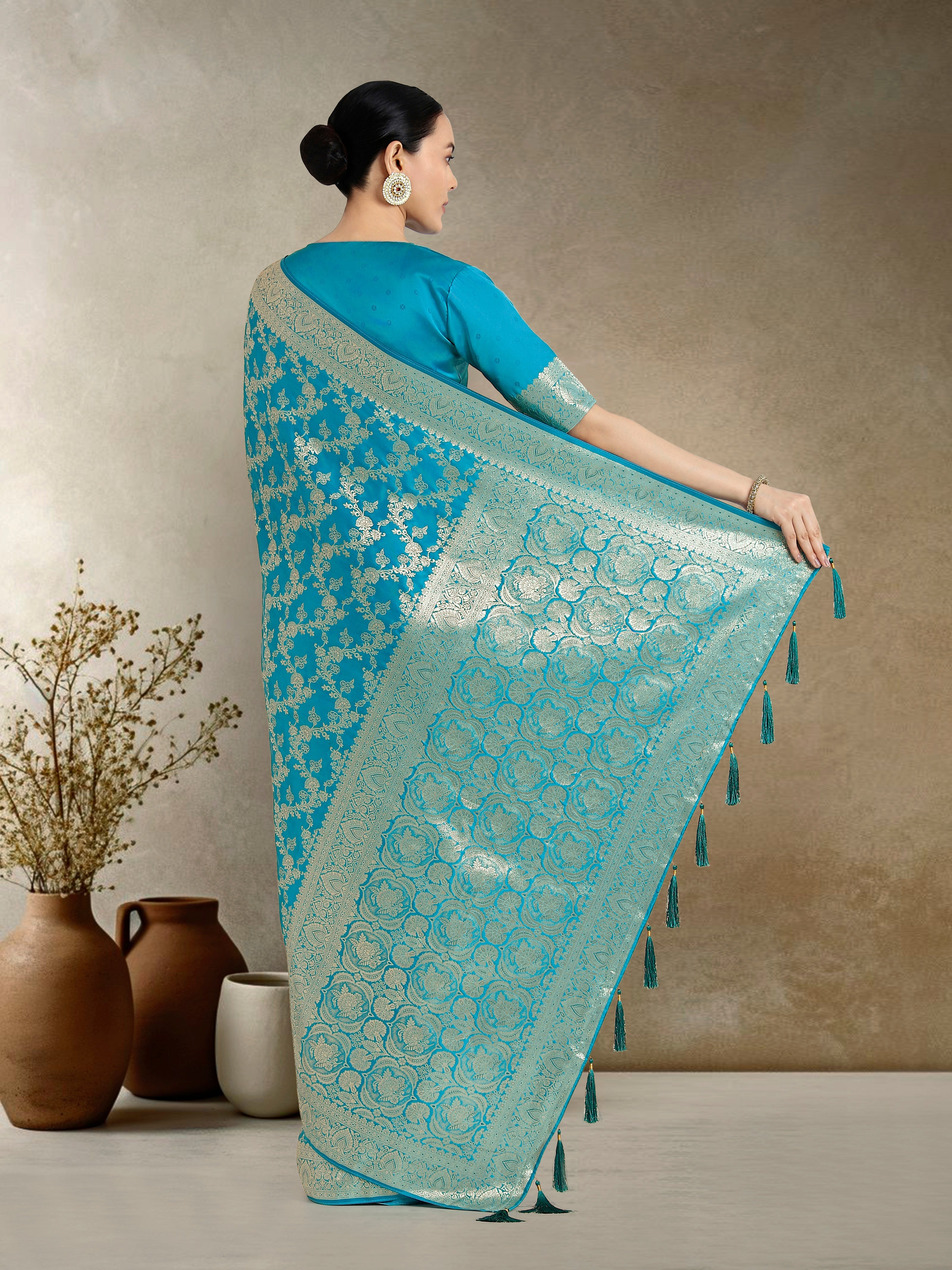 Effervescent Aqua blue Soft Banarasi Satin Silk Saree With Elision Blouse Piece