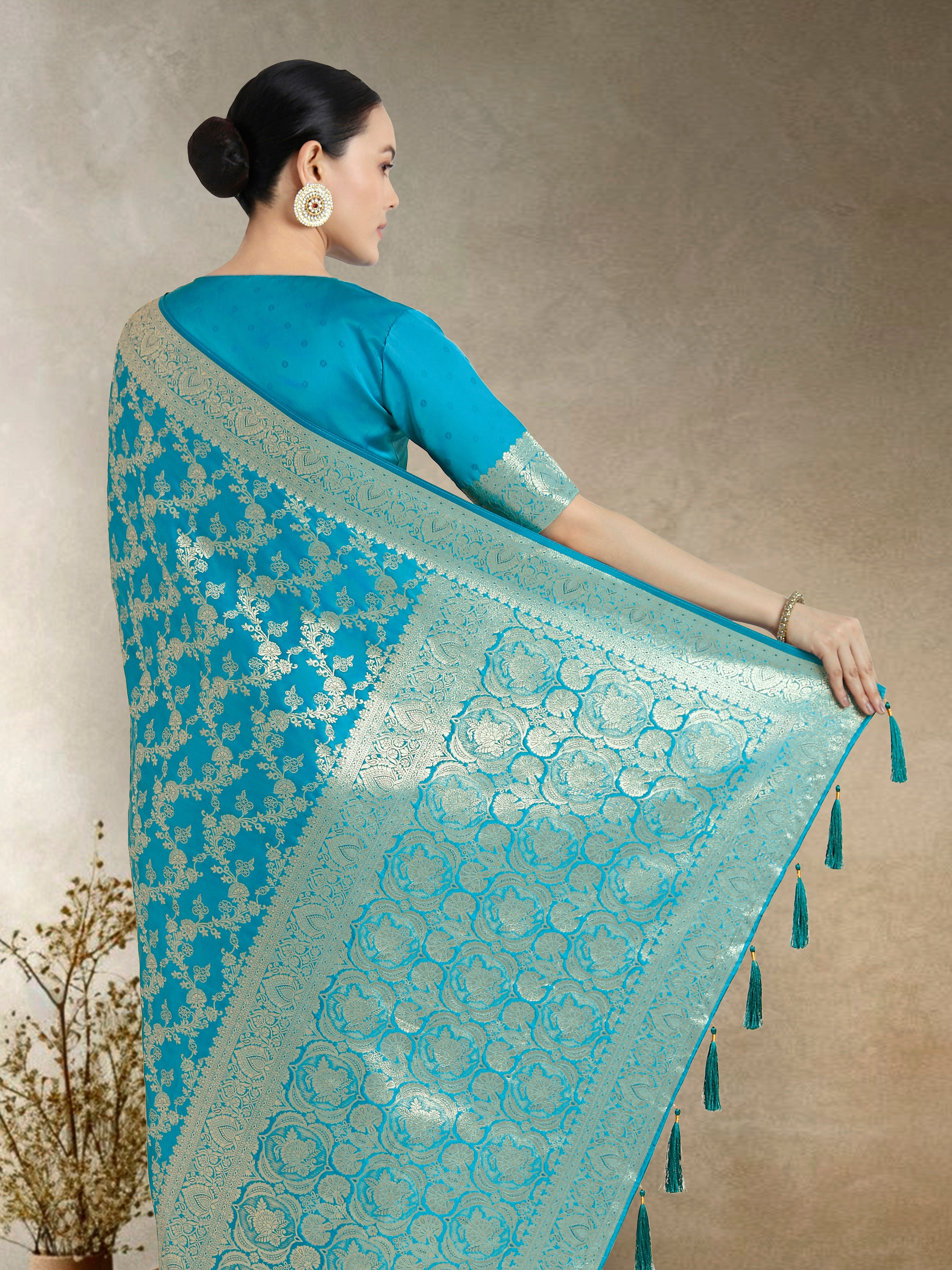 Effervescent Aqua blue Soft Banarasi Satin Silk Saree With Elision Blouse Piece