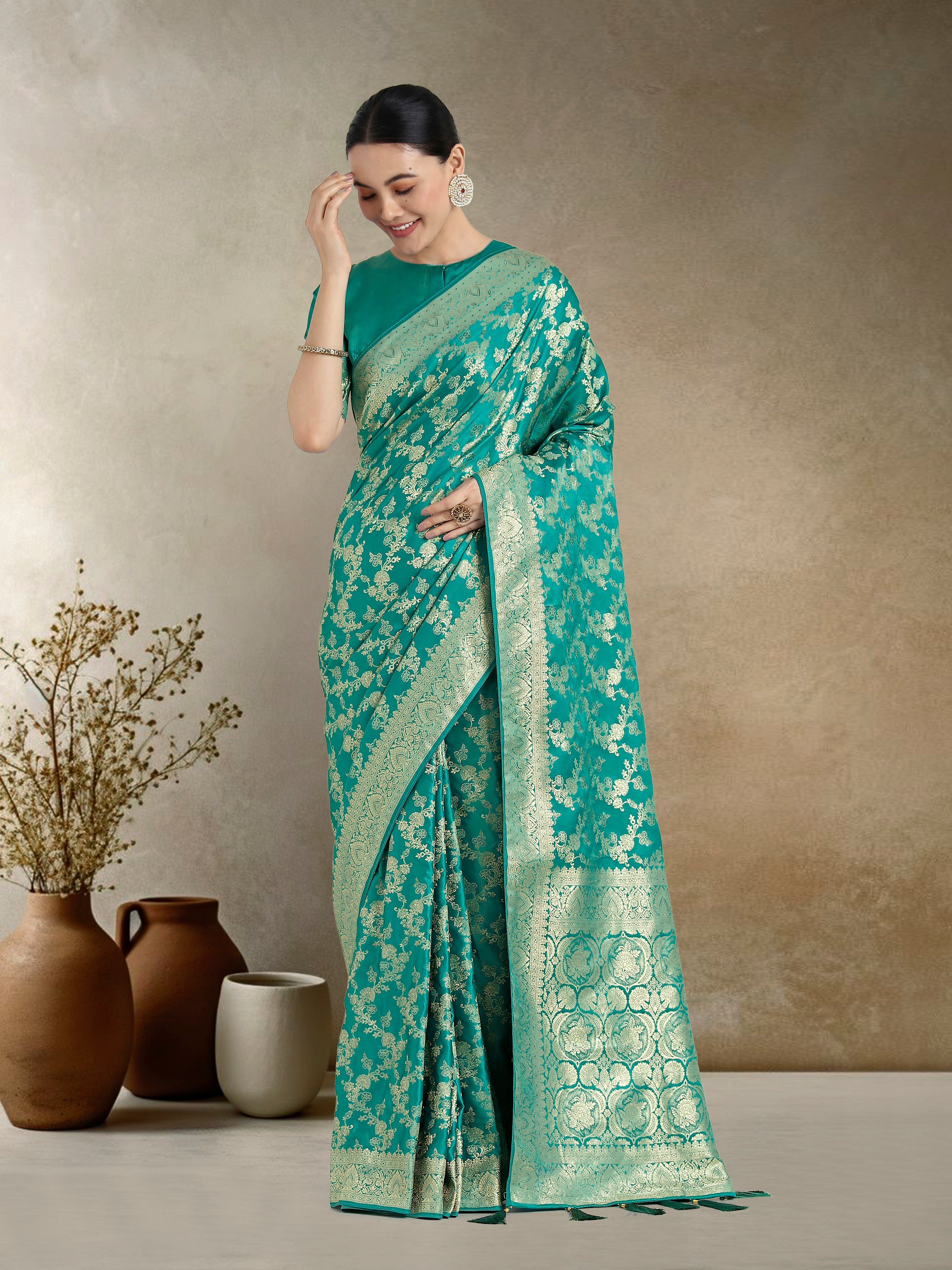 Effervescent Turquoise Soft Banarasi Satin Silk Saree With Elision Blouse Piece