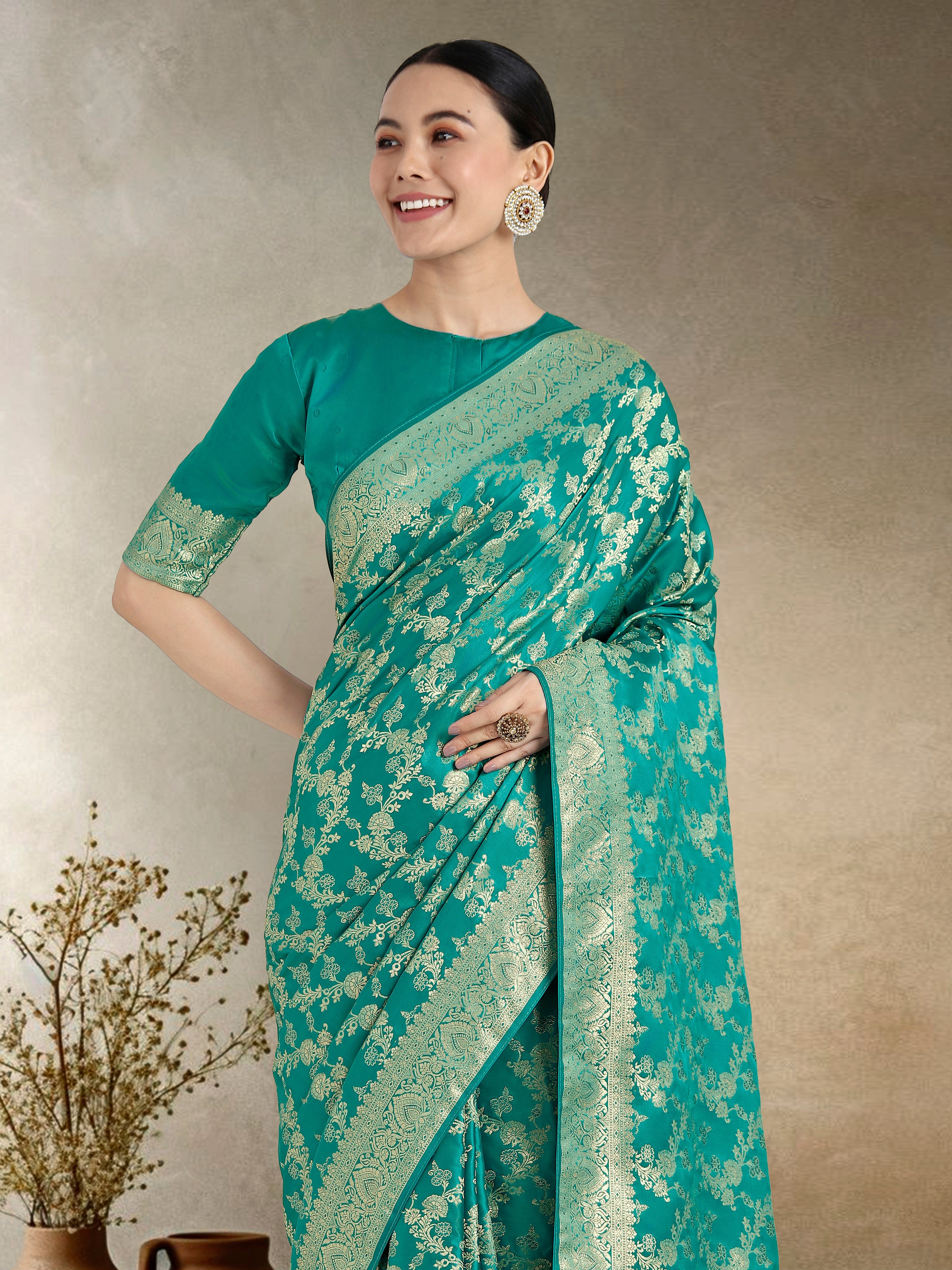 Effervescent Turquoise Soft Banarasi Satin Silk Saree With Elision Blouse Piece
