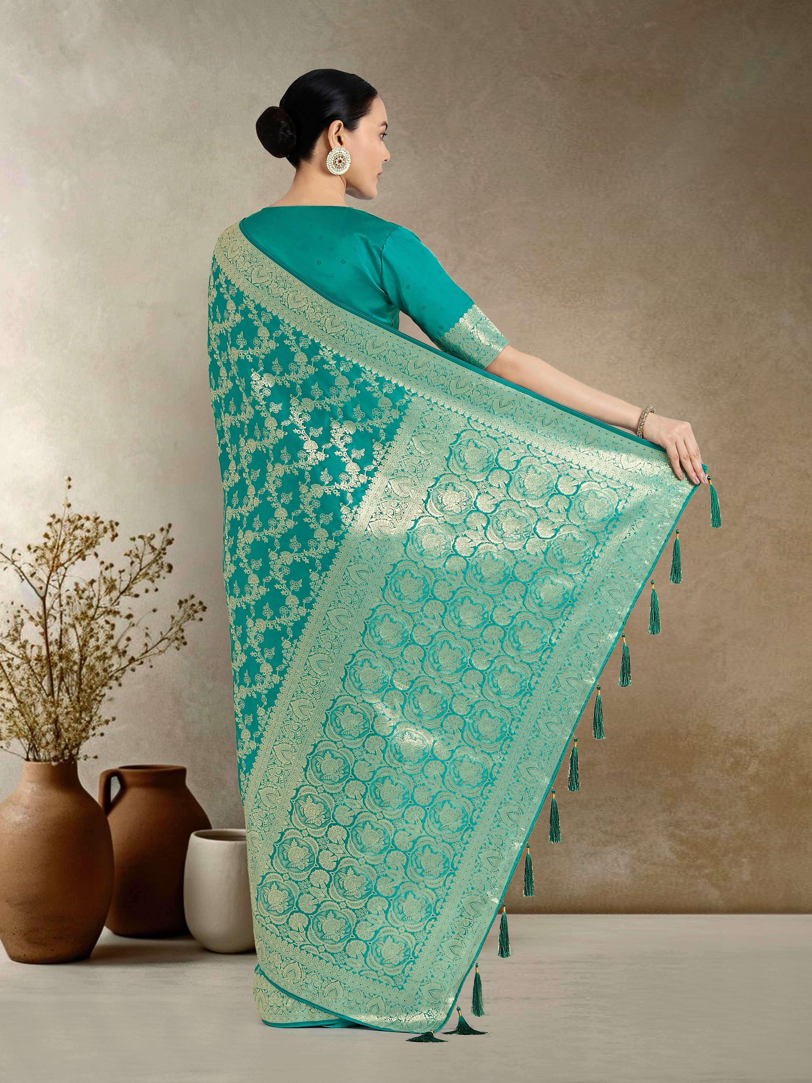 Effervescent Turquoise Soft Banarasi Satin Silk Saree With Elision Blouse Piece