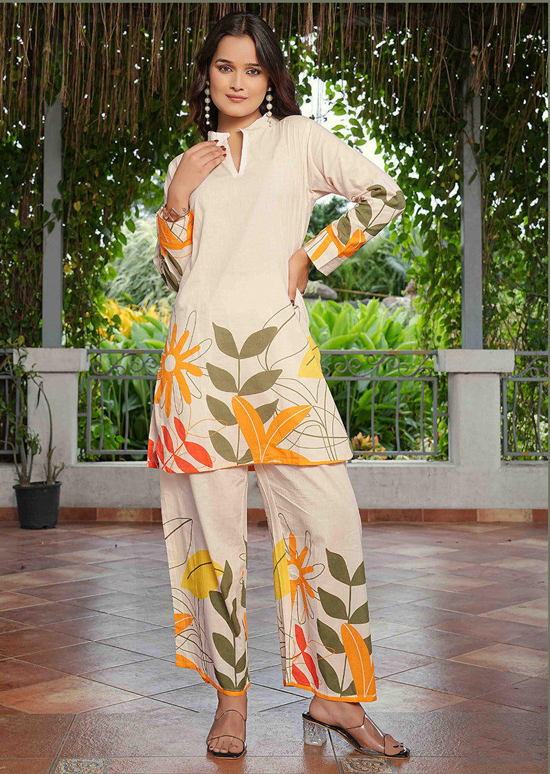 Elegant Cream Floral Printed Cotton Co-Ord Set for Women