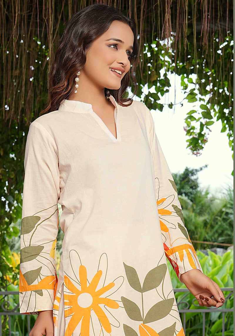 Elegant Cream Floral Printed Cotton Co-Ord Set for Women