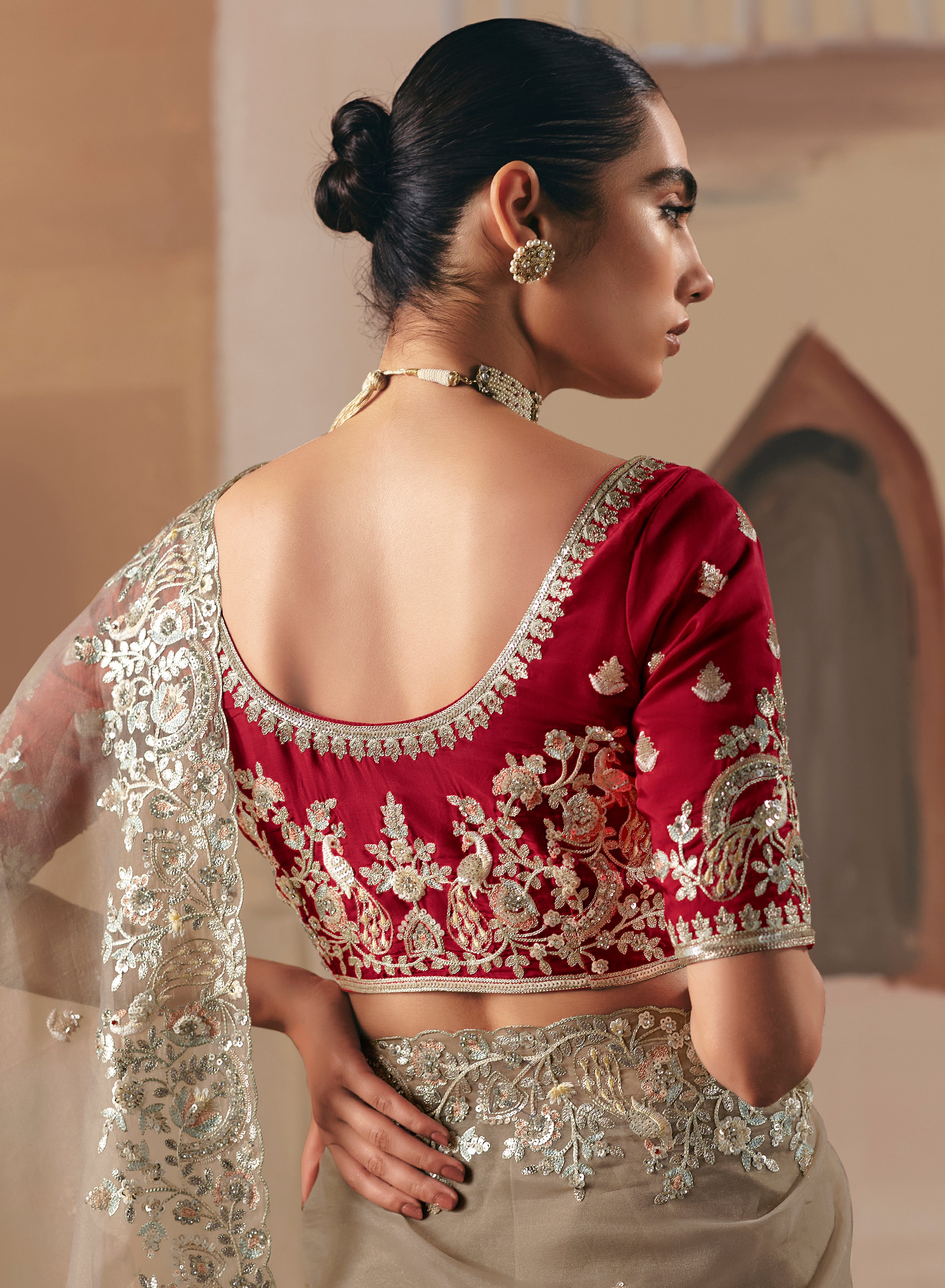 Embroidered Beige Fancy Fabric Party Designer Saree