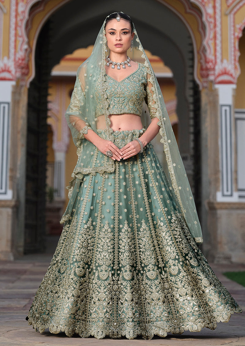 Light Teal Embroidered Butterfly Net Designer Ceremonial Lehenga Choli