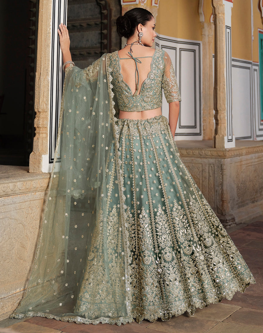 Light Teal Embroidered Butterfly Net Designer Ceremonial Lehenga Choli