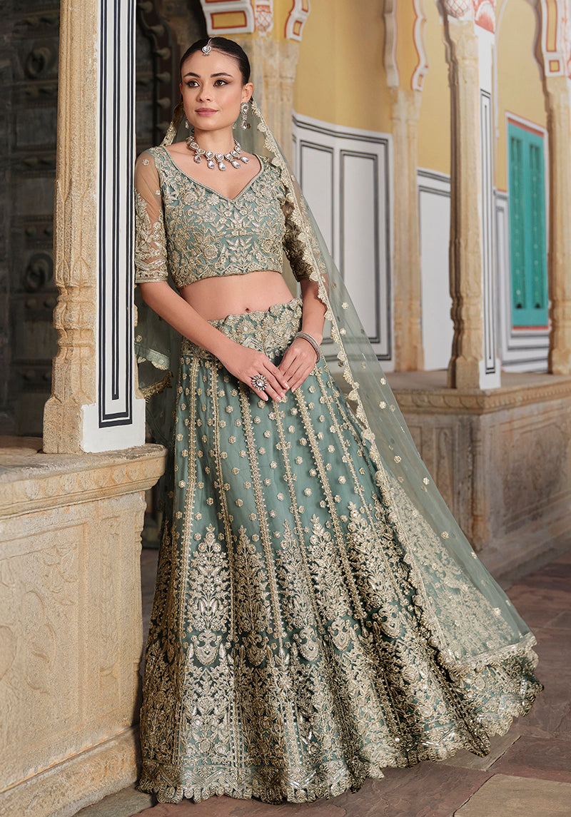 Light Teal Embroidered Butterfly Net Designer Ceremonial Lehenga Choli