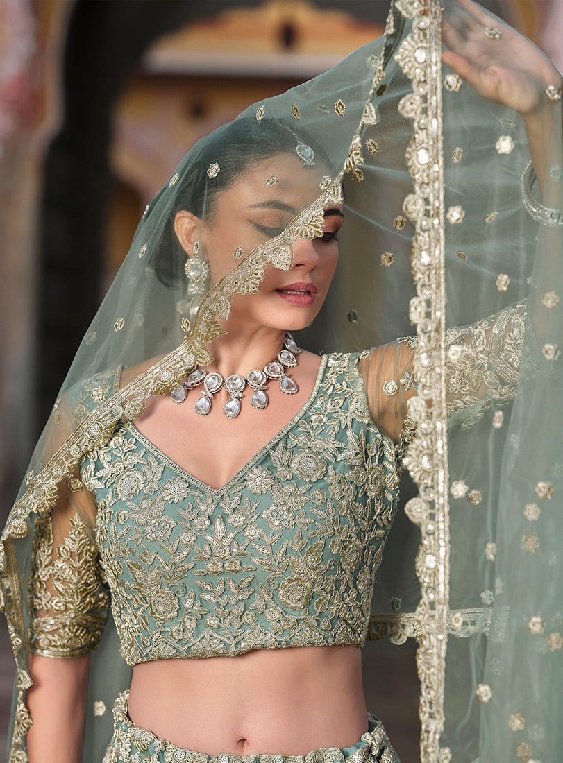 Light Teal Embroidered Butterfly Net Designer Ceremonial Lehenga Choli
