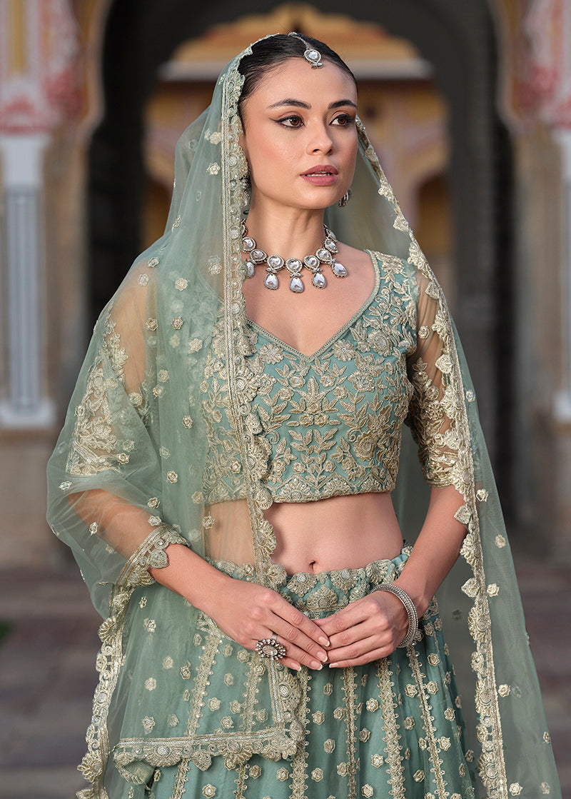 Light Teal Embroidered Butterfly Net Designer Ceremonial Lehenga Choli