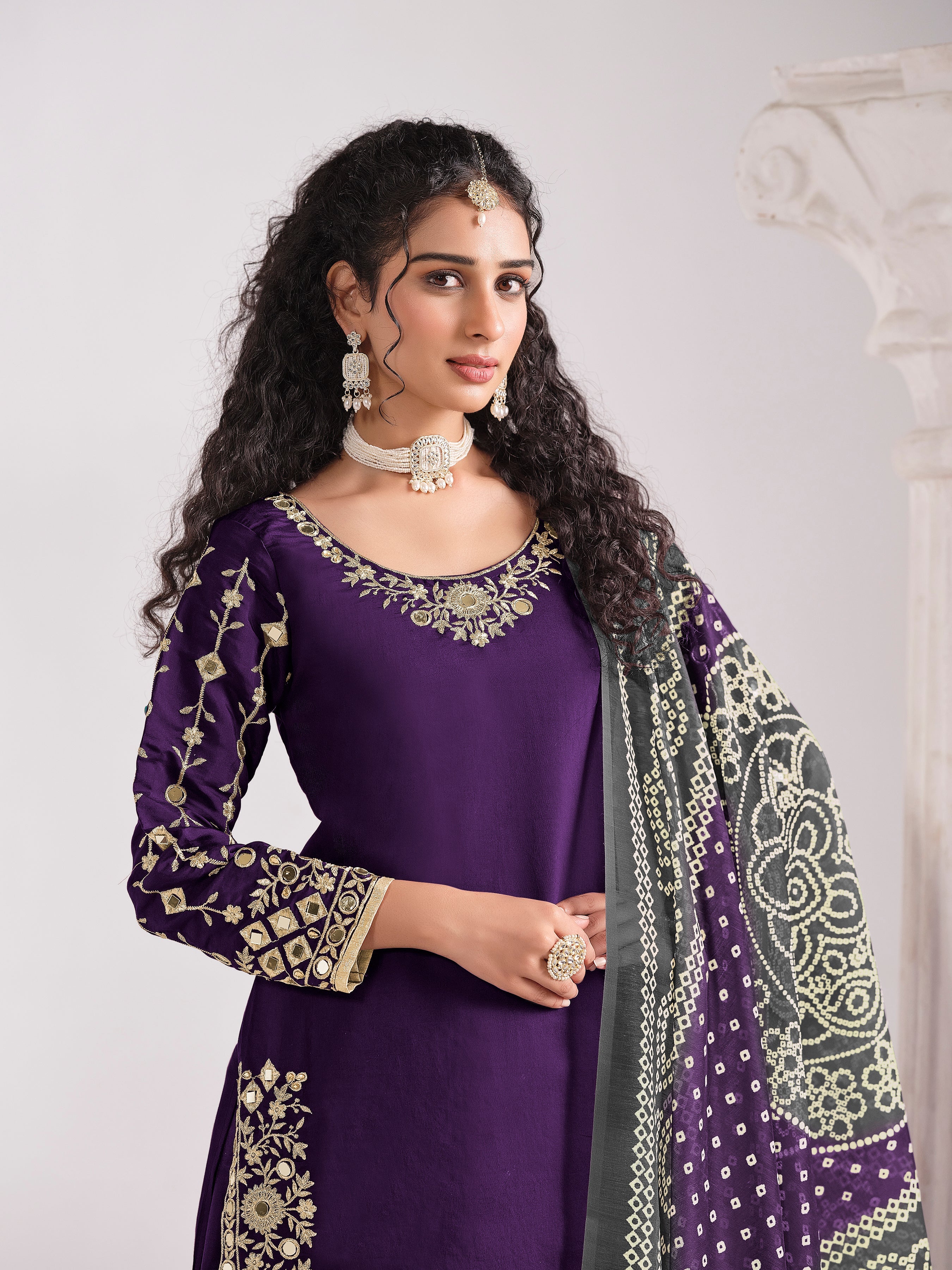 Embroidered Chanderi Silk Purple Mirror Work Salwar Kameez