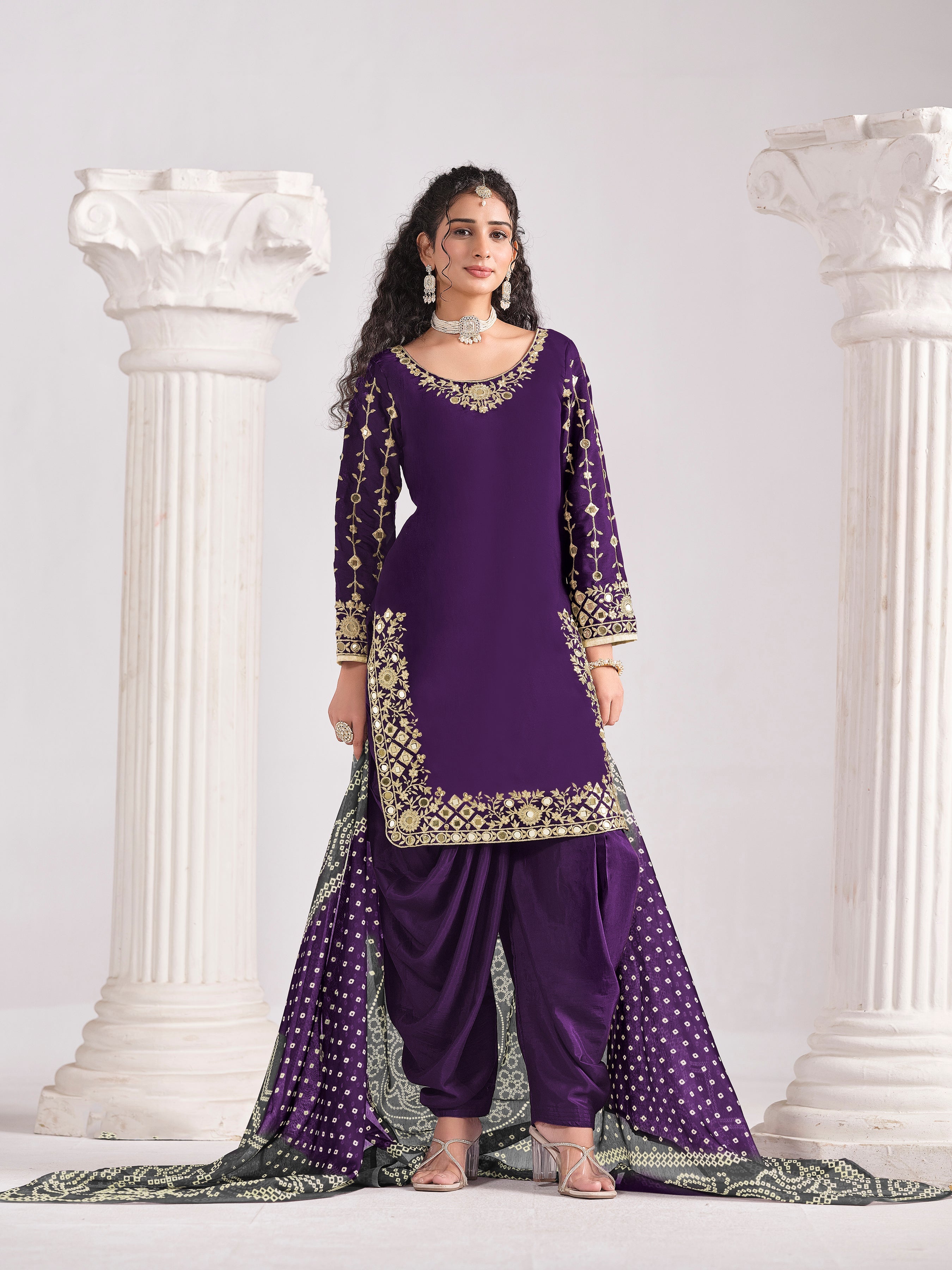 Embroidered Chanderi Silk Purple Mirror Work Salwar Kameez