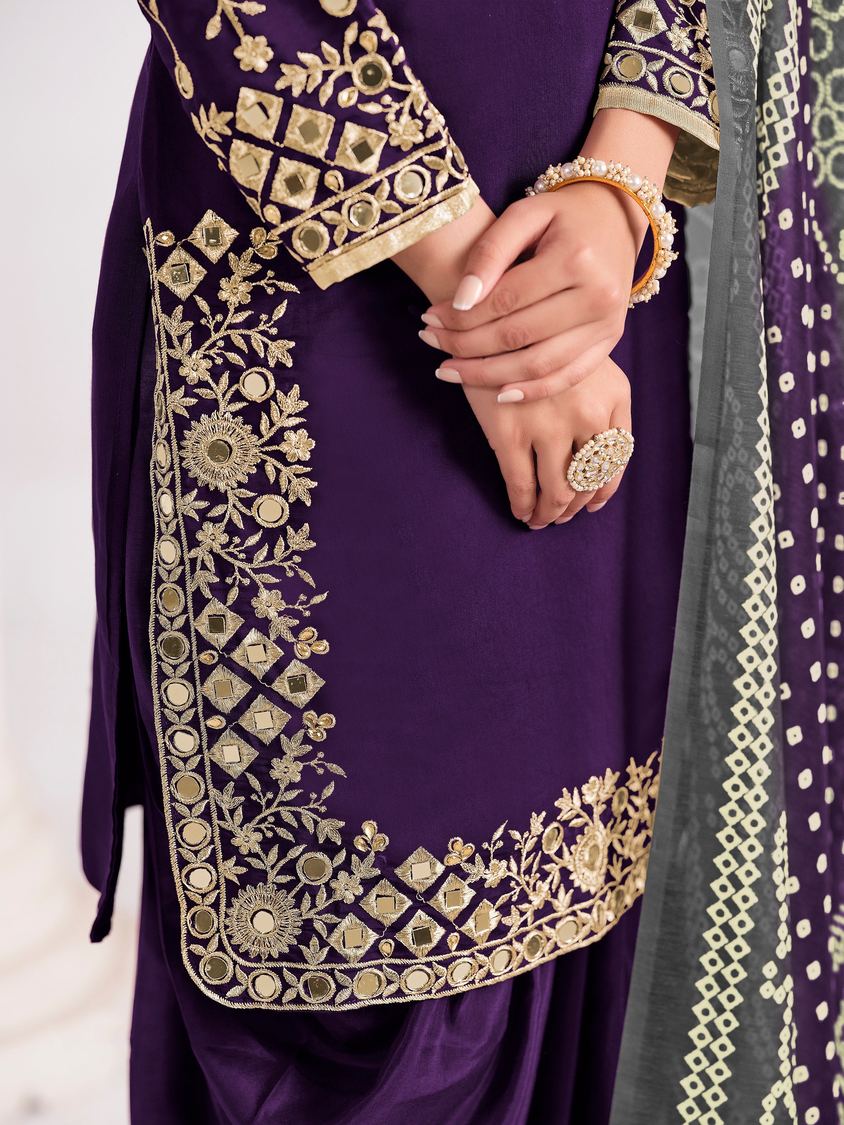 Embroidered Chanderi Silk Purple Mirror Work Salwar Kameez