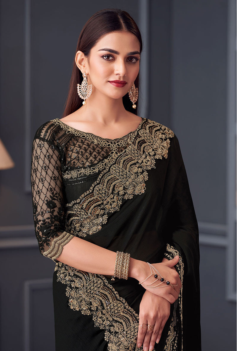 Black Chiffon Embroidered Sequins Work Saree