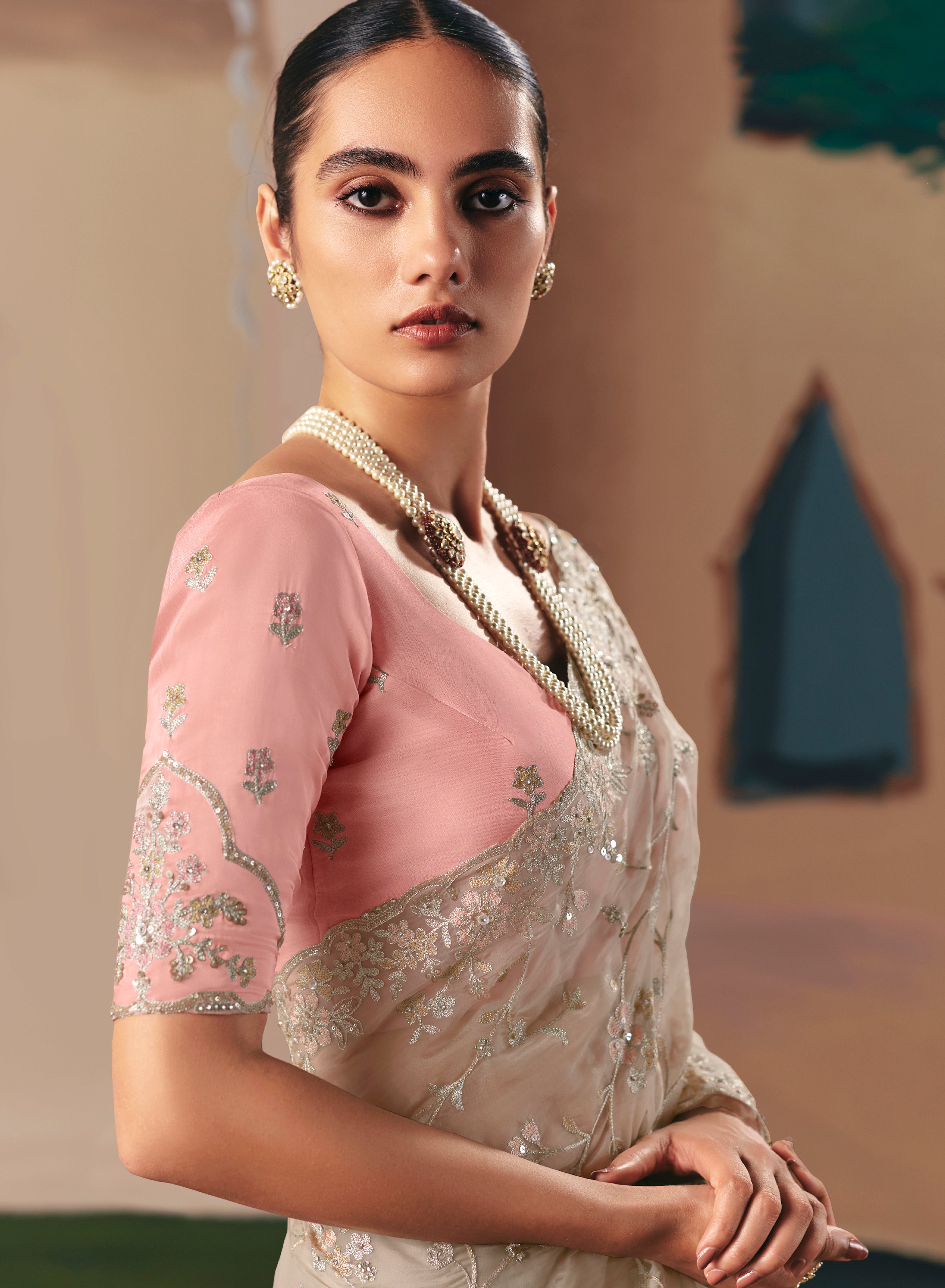 Embroidered Cream Fancy Fabric Party Designer Saree