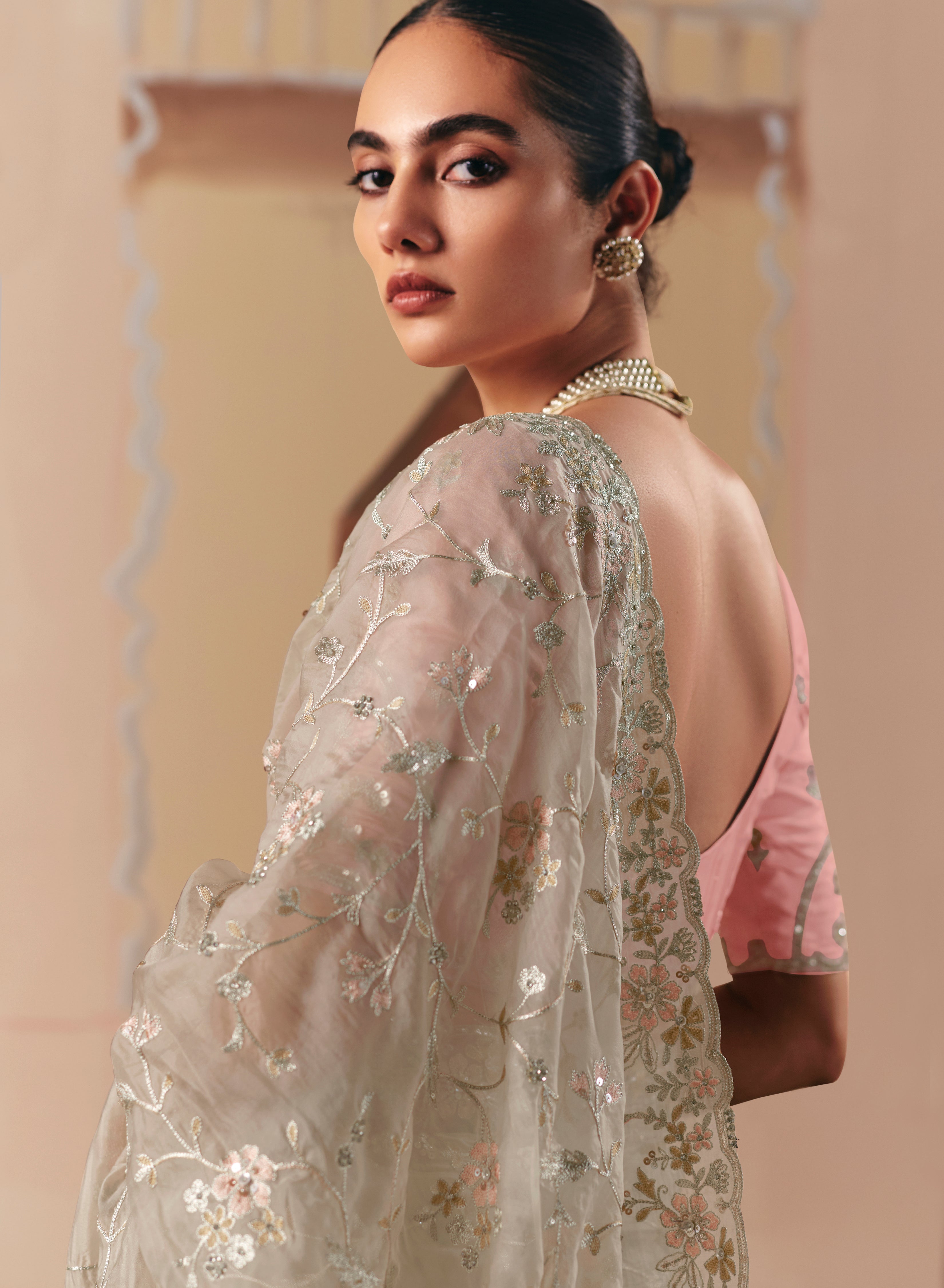 Embroidered Cream Fancy Fabric Party Designer Saree