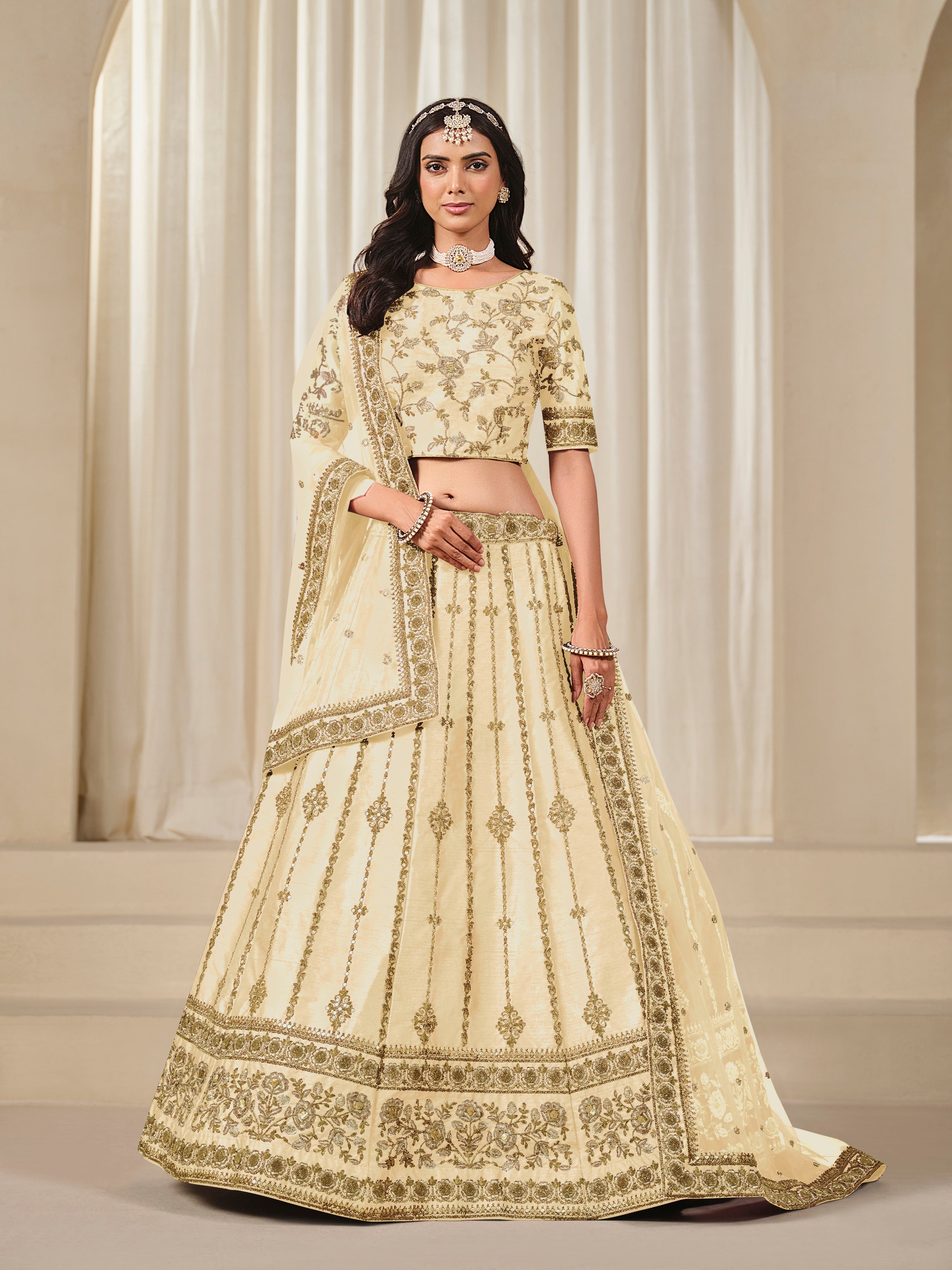 Embroidered Cream Reception Art Silk A Line Lehenga Choli