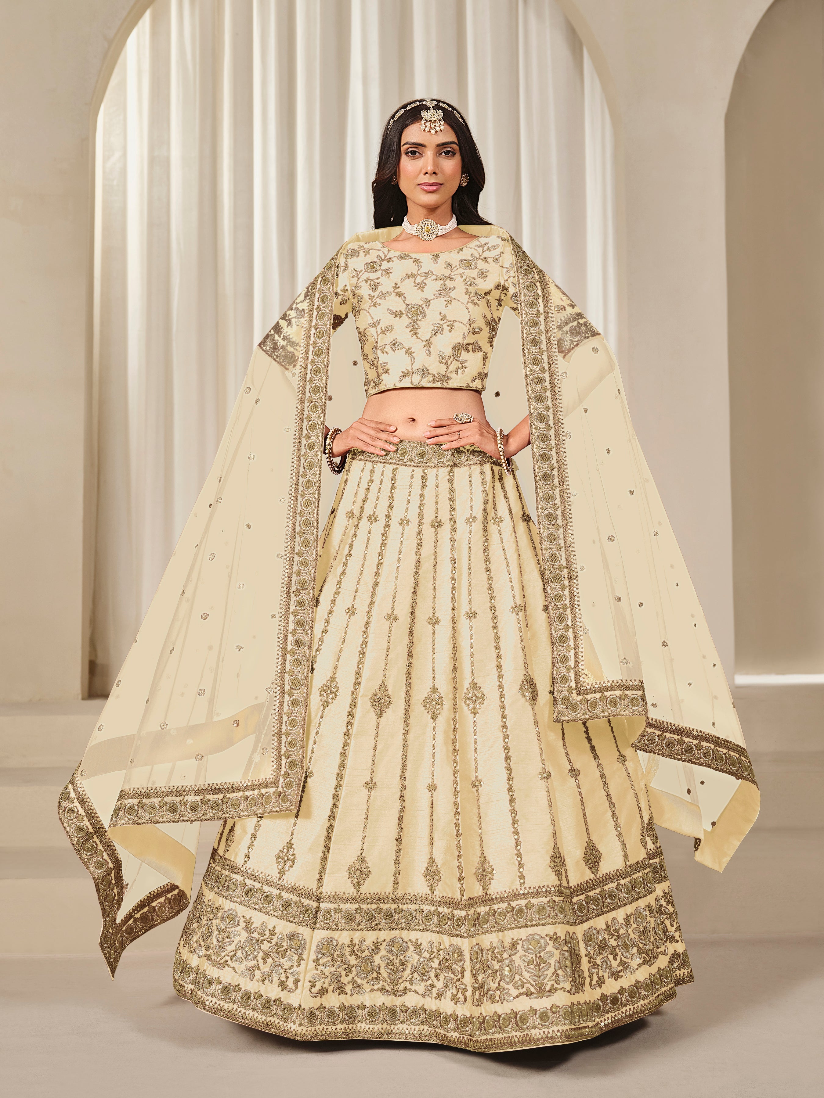 Embroidered Cream Reception Art Silk A Line Lehenga Choli