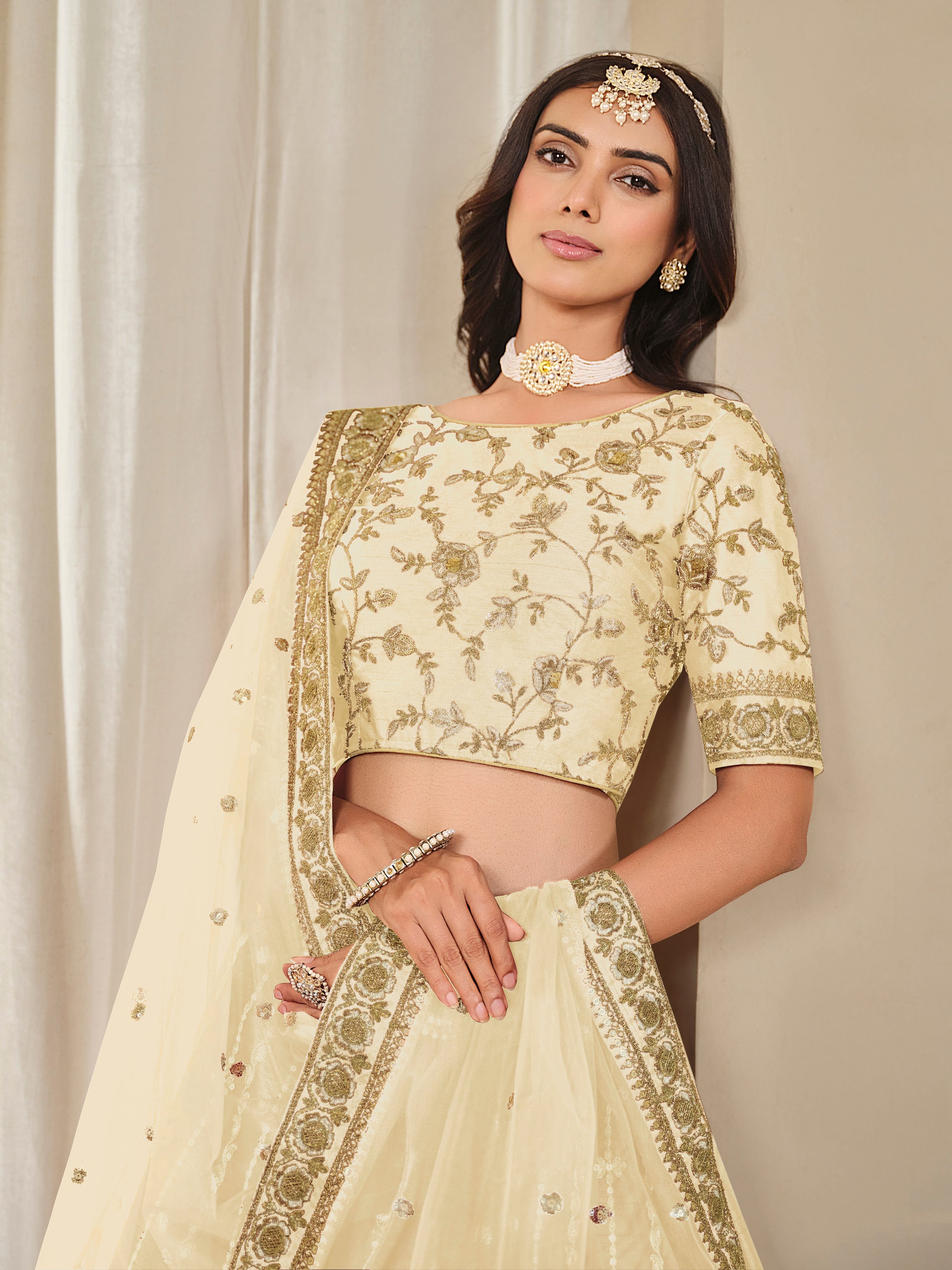 Embroidered Cream Reception Art Silk A Line Lehenga Choli