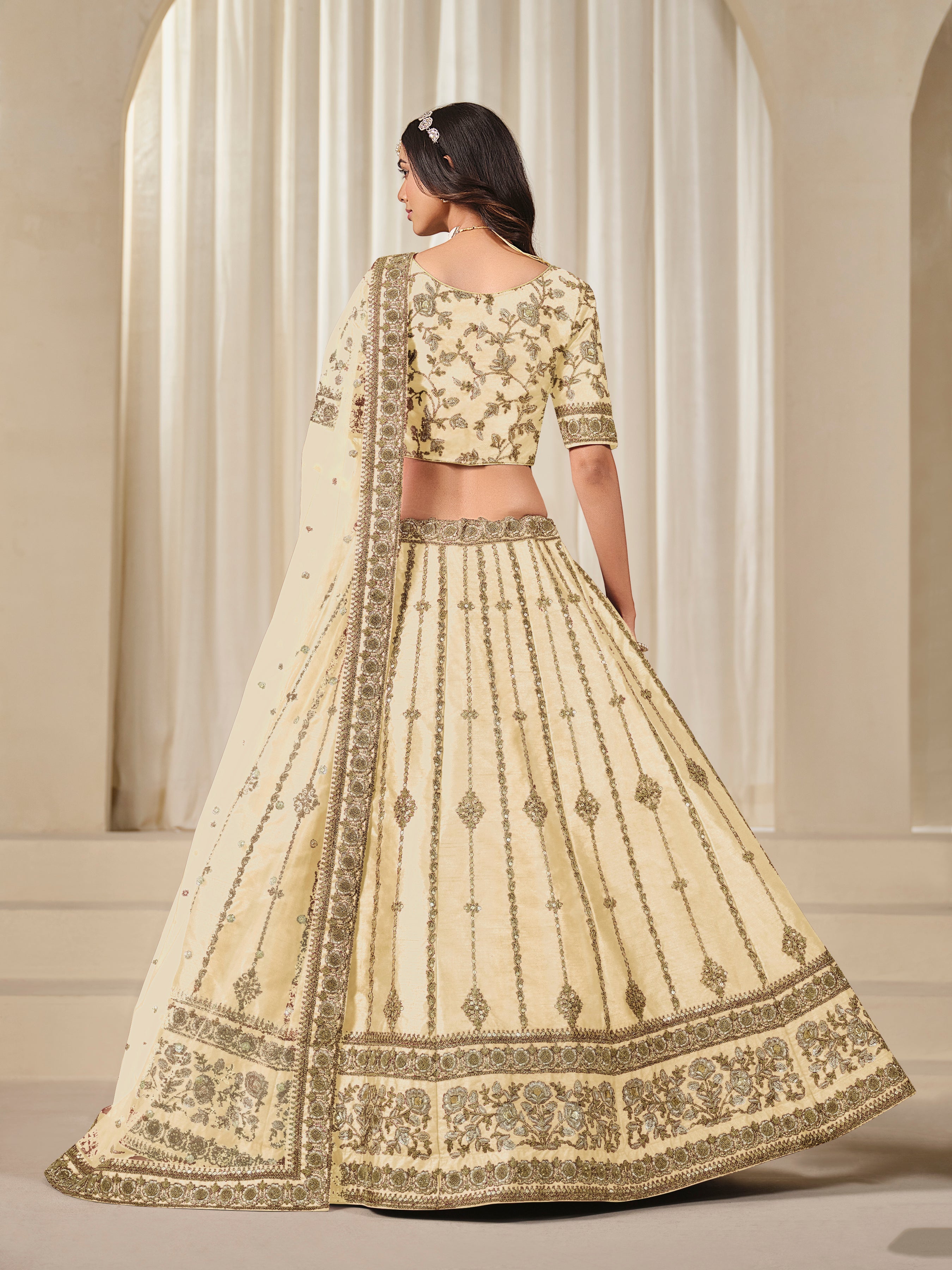Embroidered Cream Reception Art Silk A Line Lehenga Choli