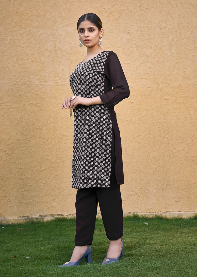Embroidered Georgette Straight Kurta Set in Coffee