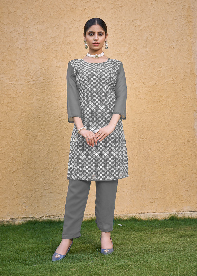 Embroidered Georgette Straight Kurta Set in Grey