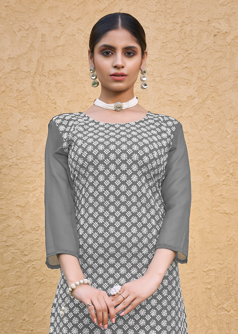 Embroidered Georgette Straight Kurta Set in Grey