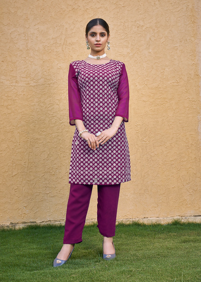 Embroidered Georgette Straight Kurta Set in Purple
