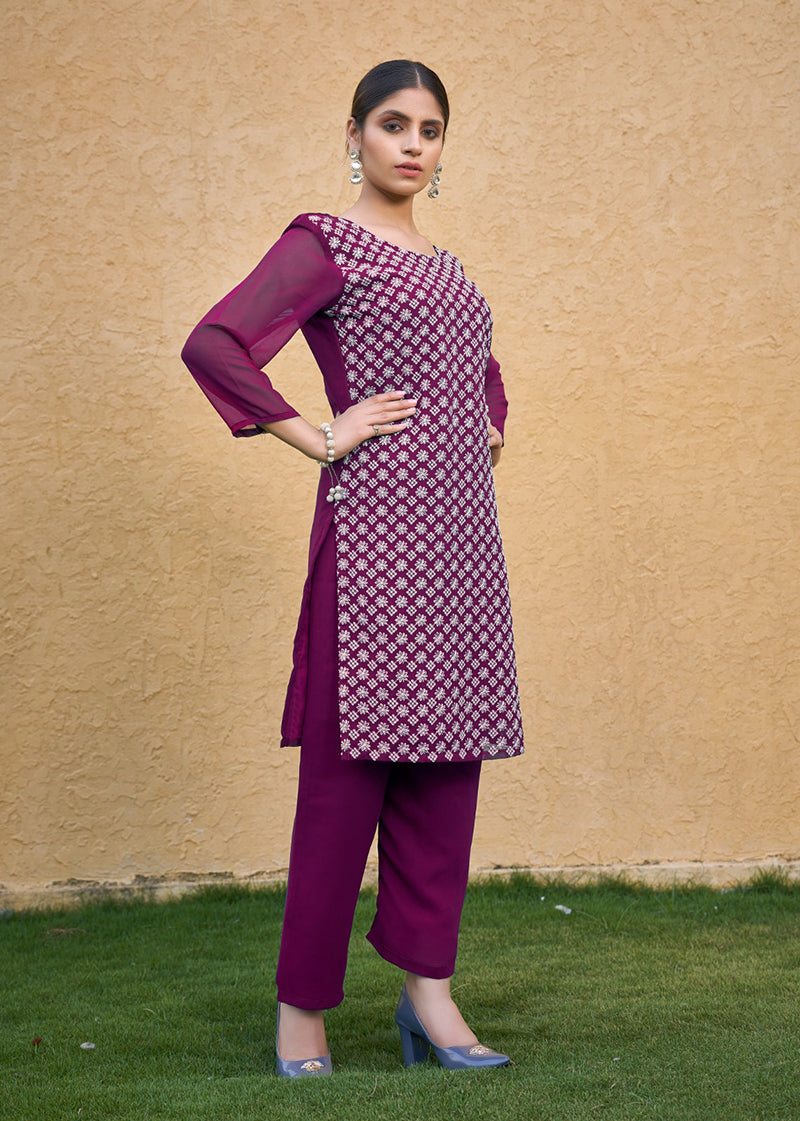 Embroidered Georgette Straight Kurta Set in Purple
