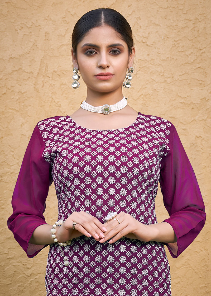 Embroidered Georgette Straight Kurta Set in Purple