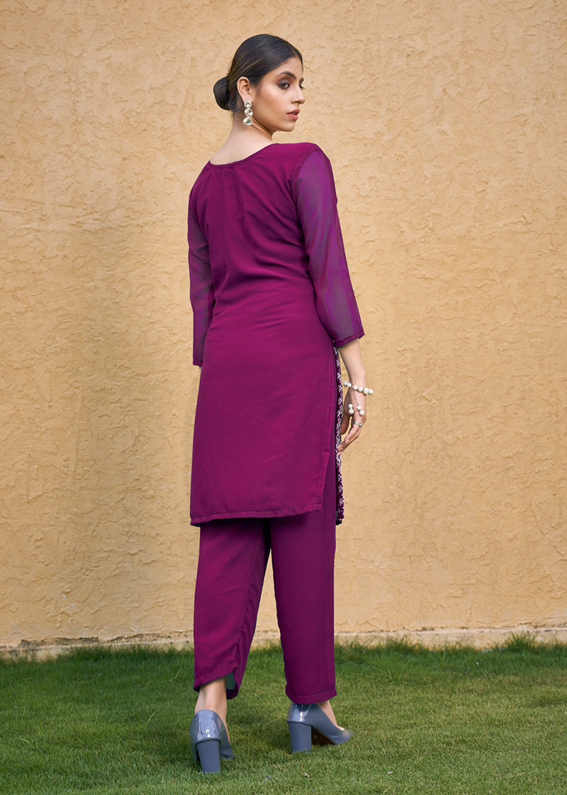 Embroidered Georgette Straight Kurta Set in Purple