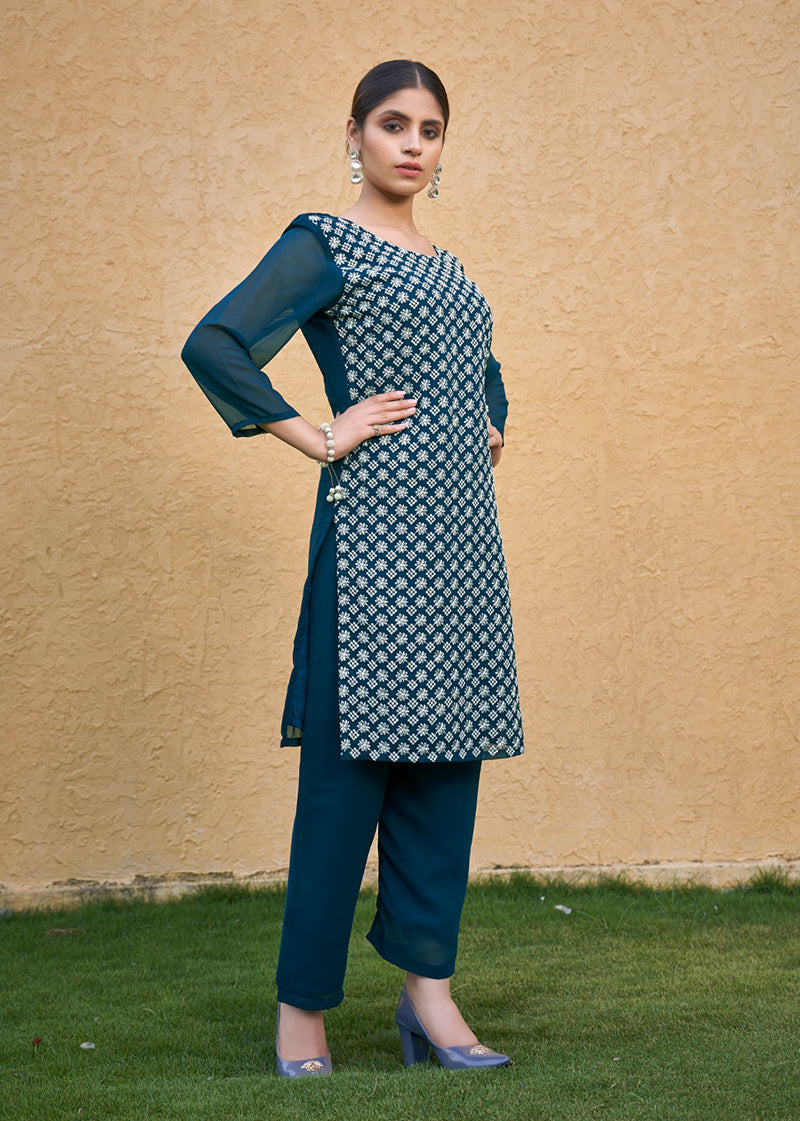 Embroidered Georgette Straight Kurta Set in Teal blue