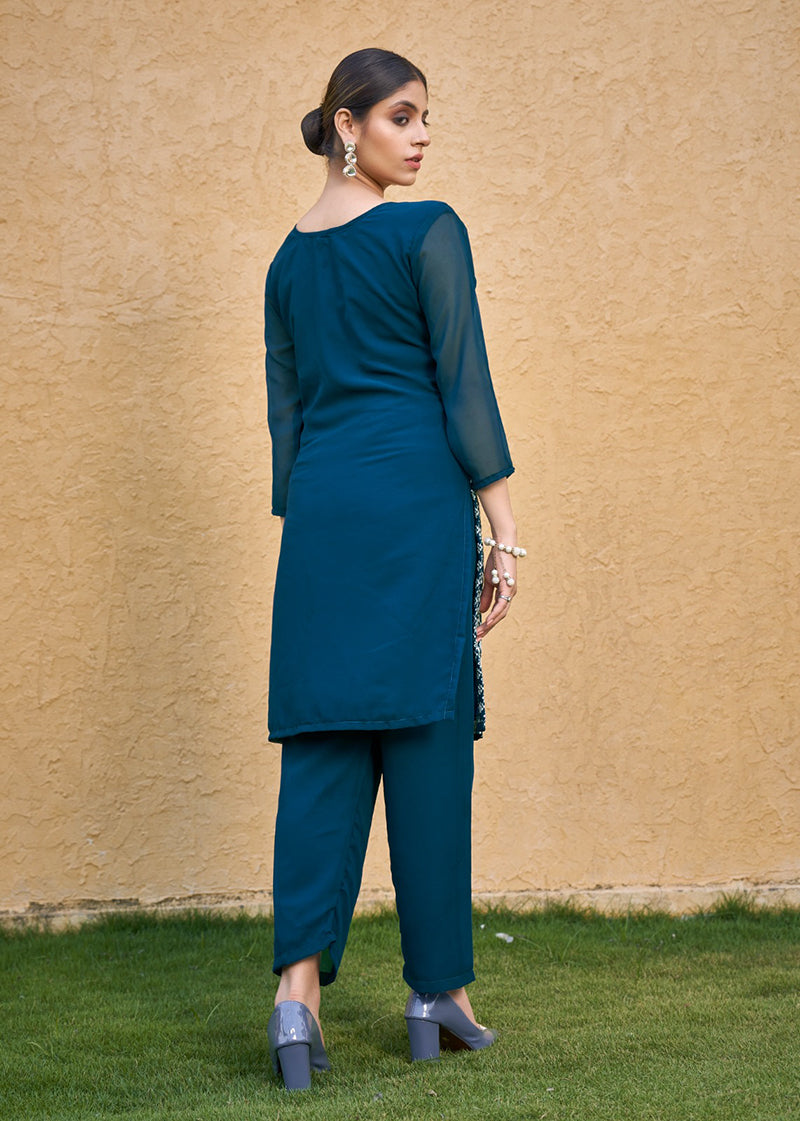 Embroidered Georgette Straight Kurta Set in Teal blue