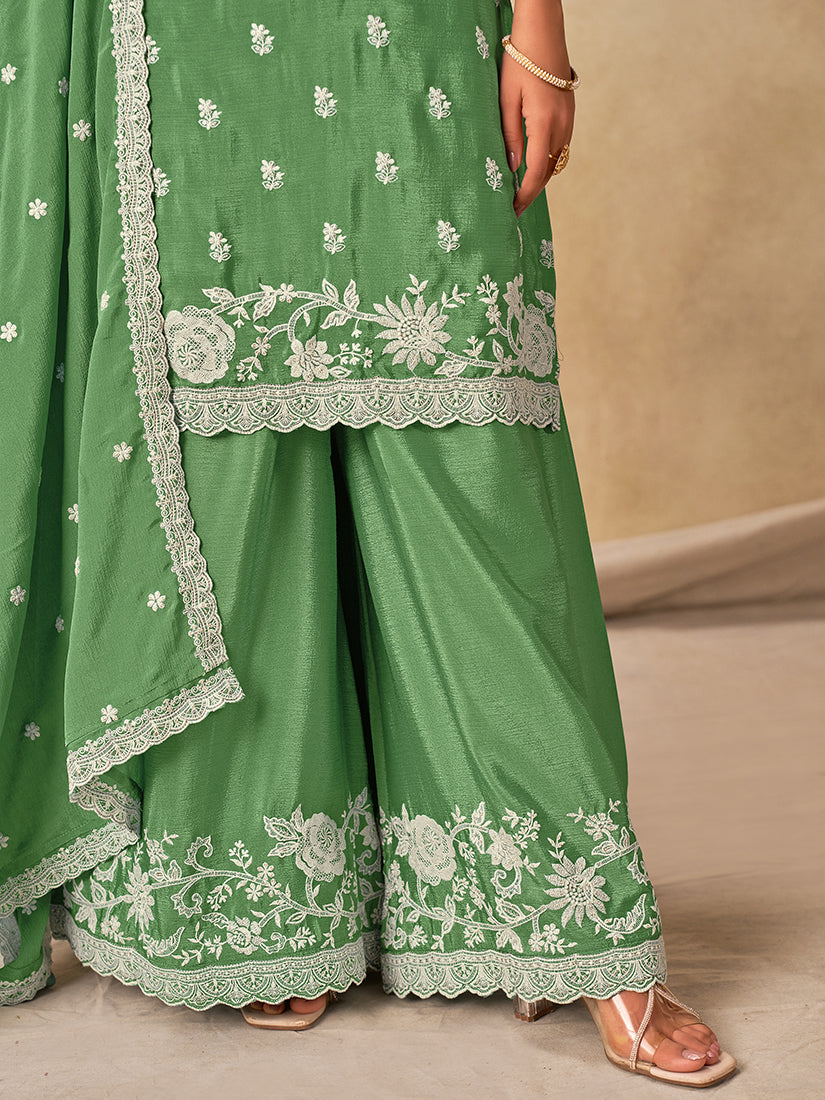 Embroidered Green Chinon Silk Palazzo Salwar Suit