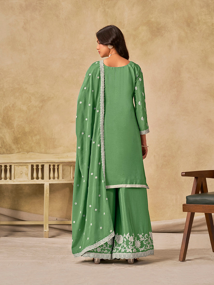 Embroidered Green Chinon Silk Palazzo Salwar Suit