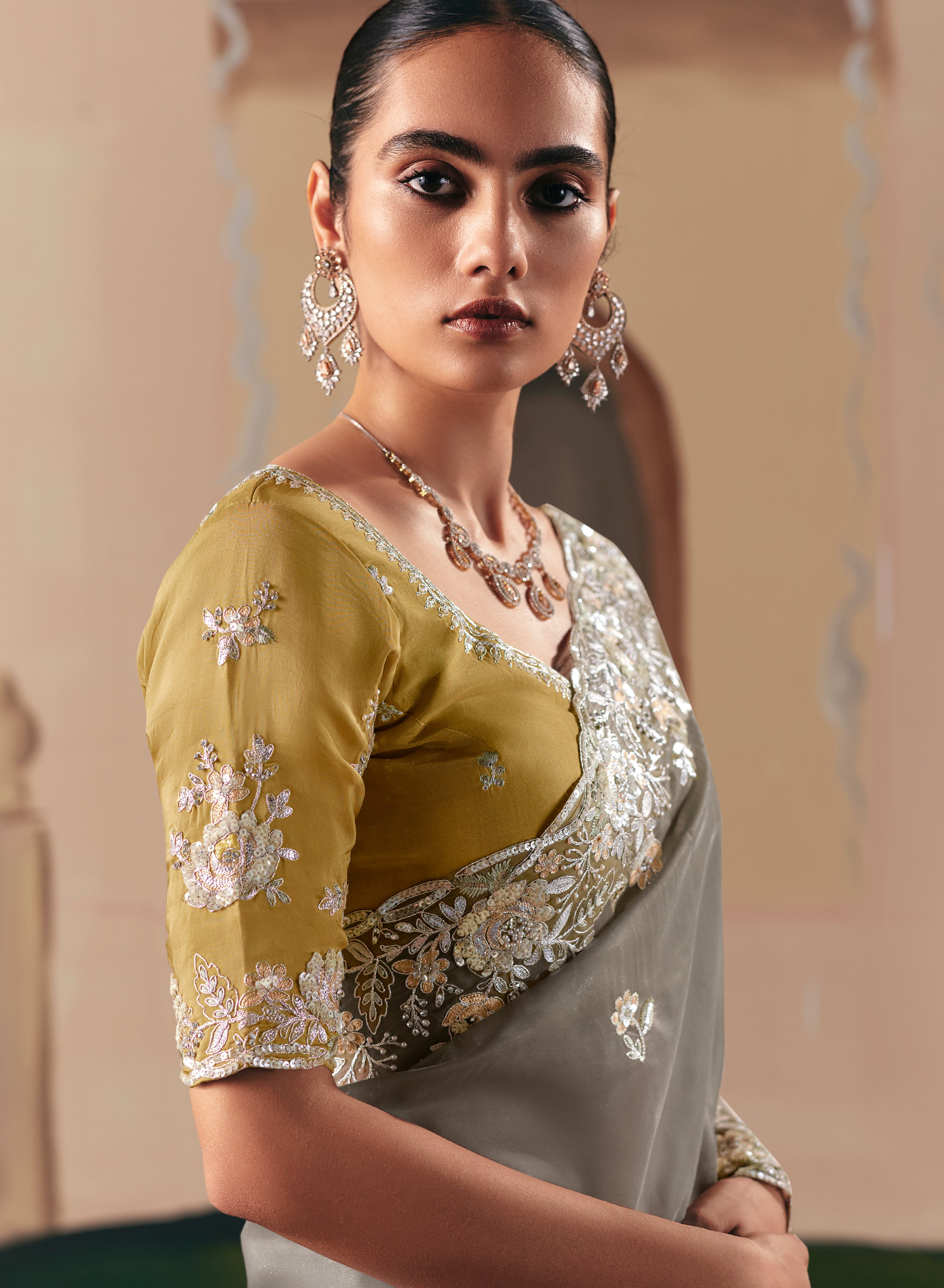 Embroidered Grey Fancy Fabric Party Designer Saree