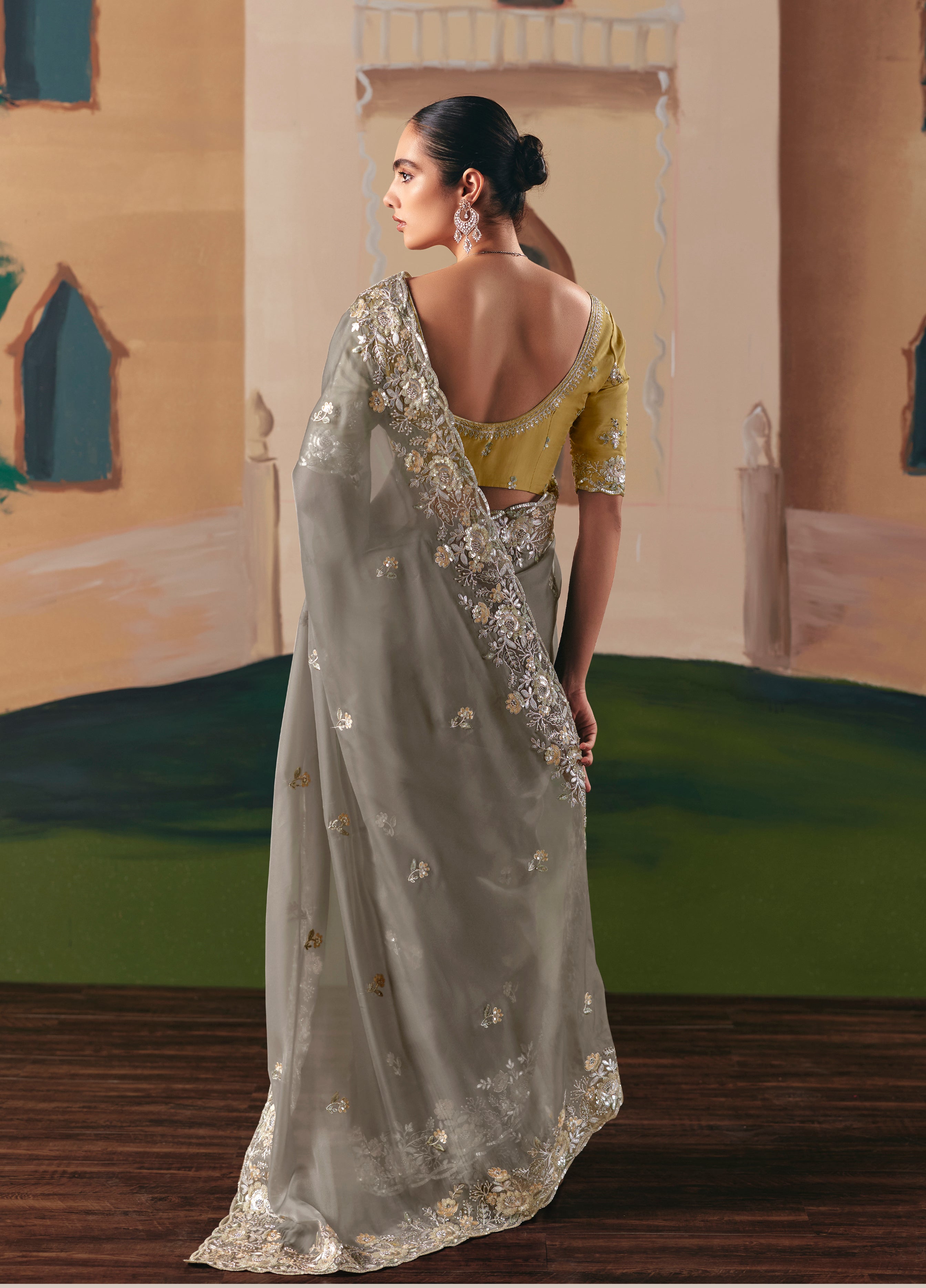 Embroidered Grey Fancy Fabric Party Designer Saree