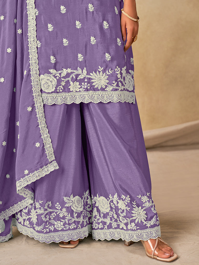 Embroidered Lavender Chinon Silk Palazzo Salwar Suit