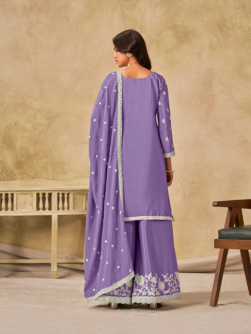 Embroidered Lavender Chinon Silk Palazzo Salwar Suit