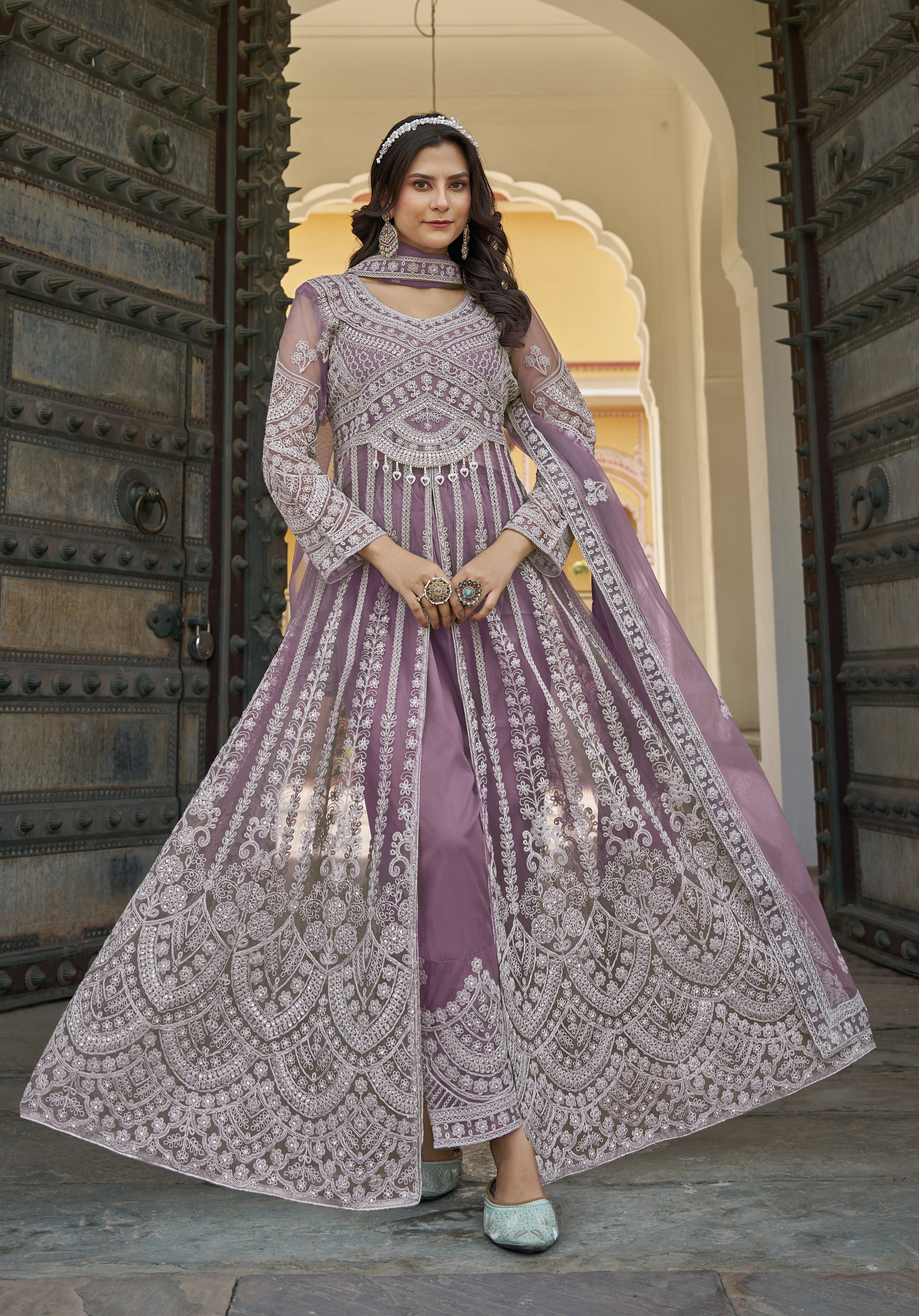 Embroidered Lavender Net Reception Designer Salwar Suit
