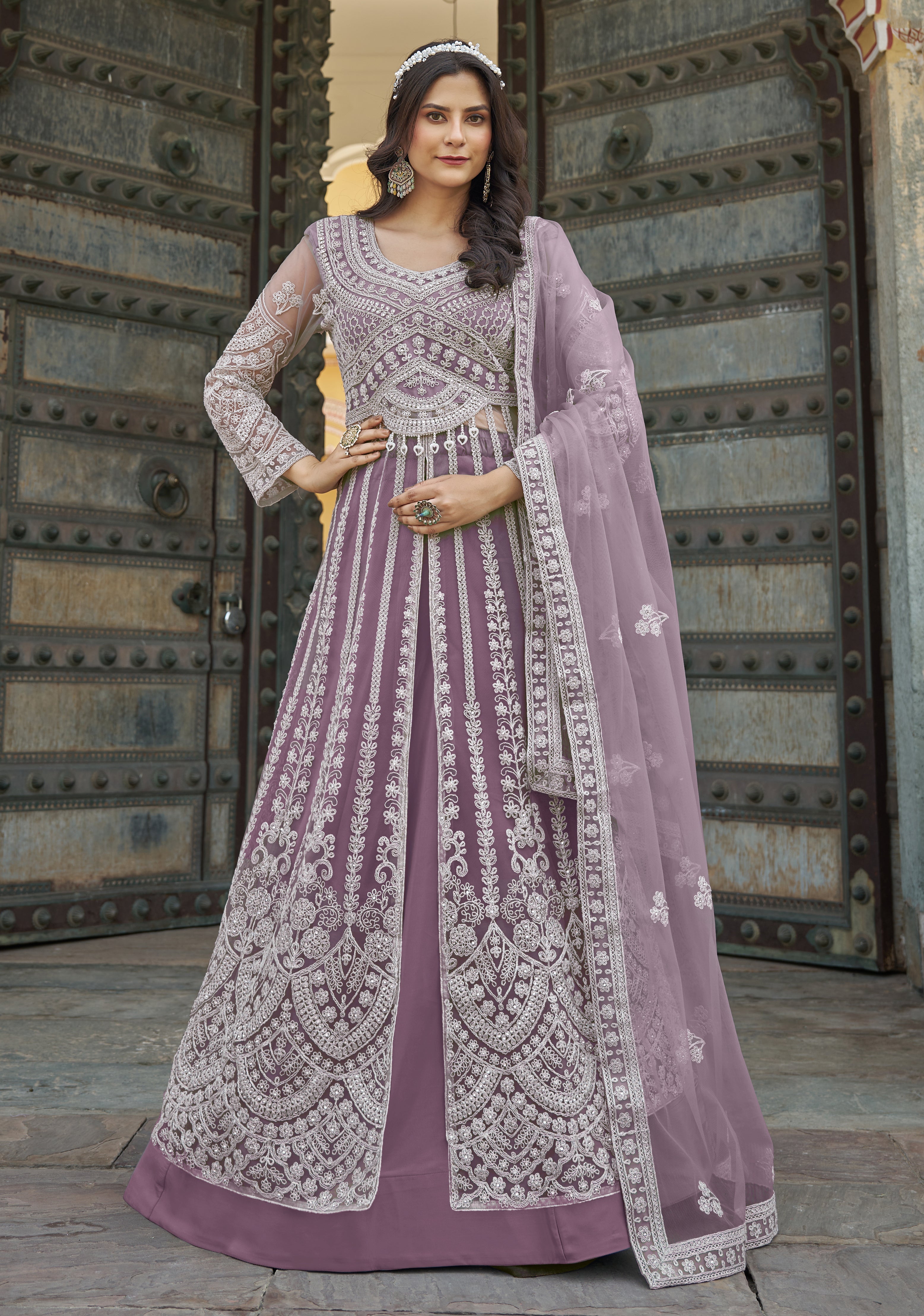 Embroidered Lavender Net Reception Designer Salwar Suit