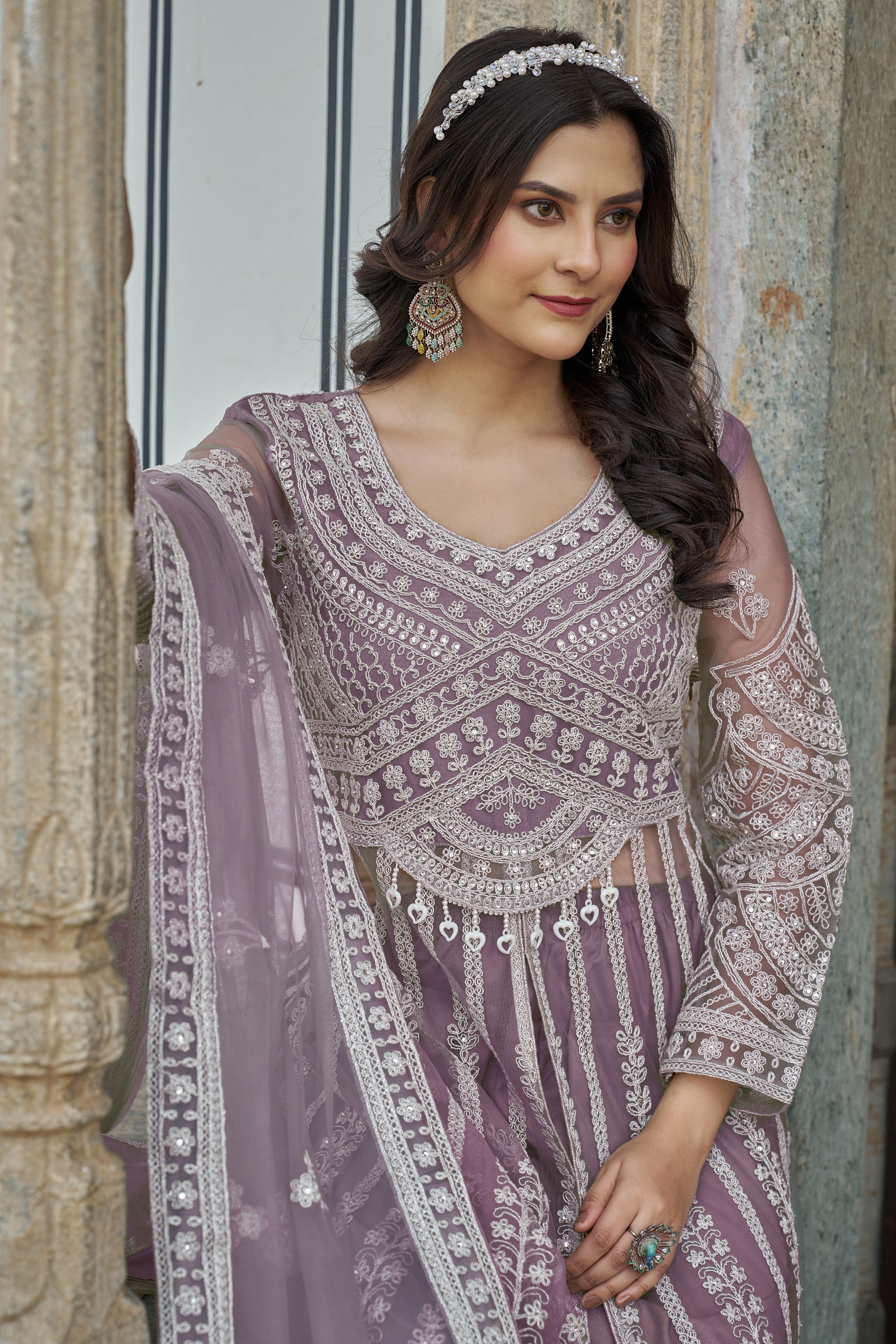 Embroidered Lavender Net Reception Designer Salwar Suit