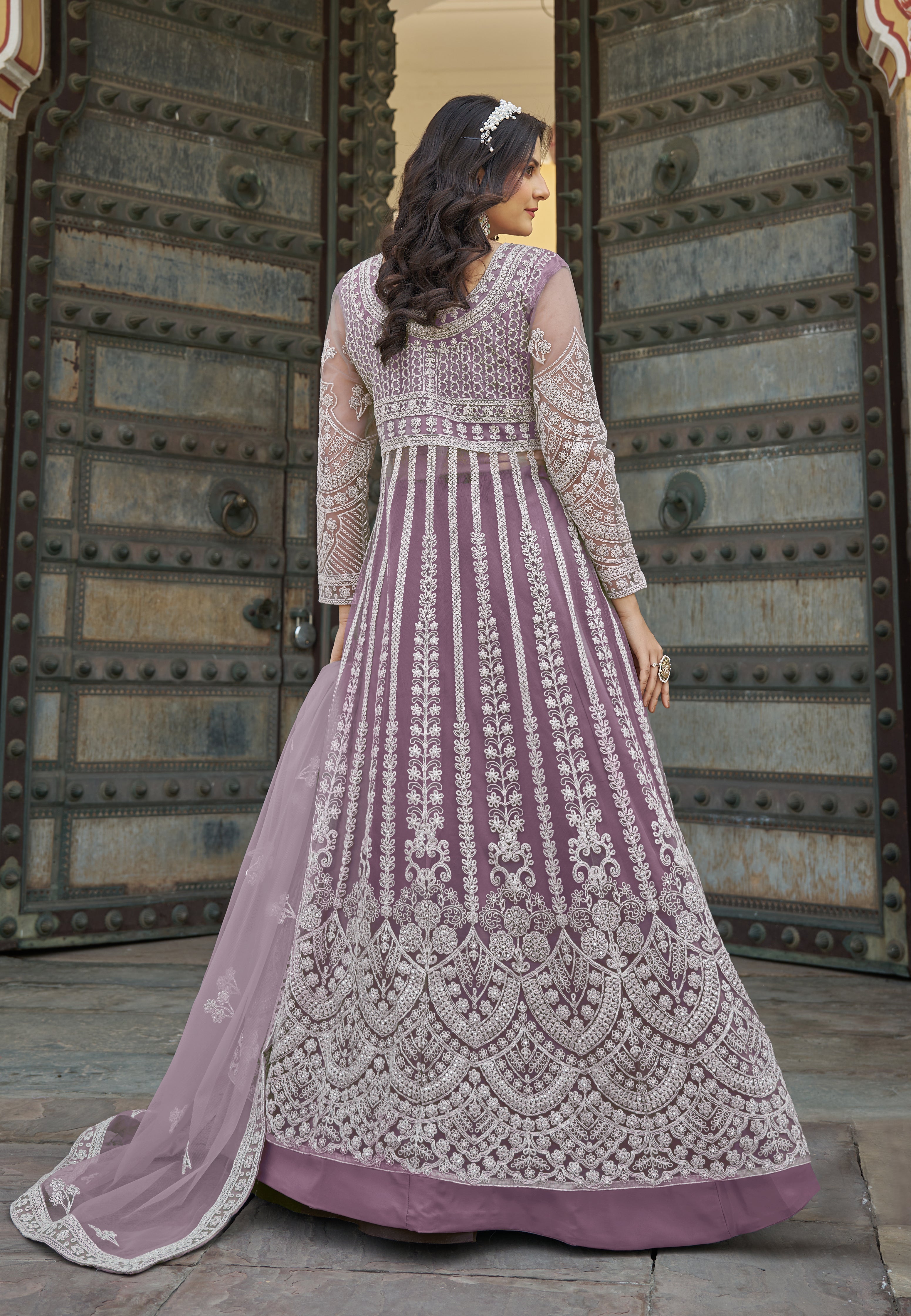 Embroidered Lavender Net Reception Designer Salwar Suit